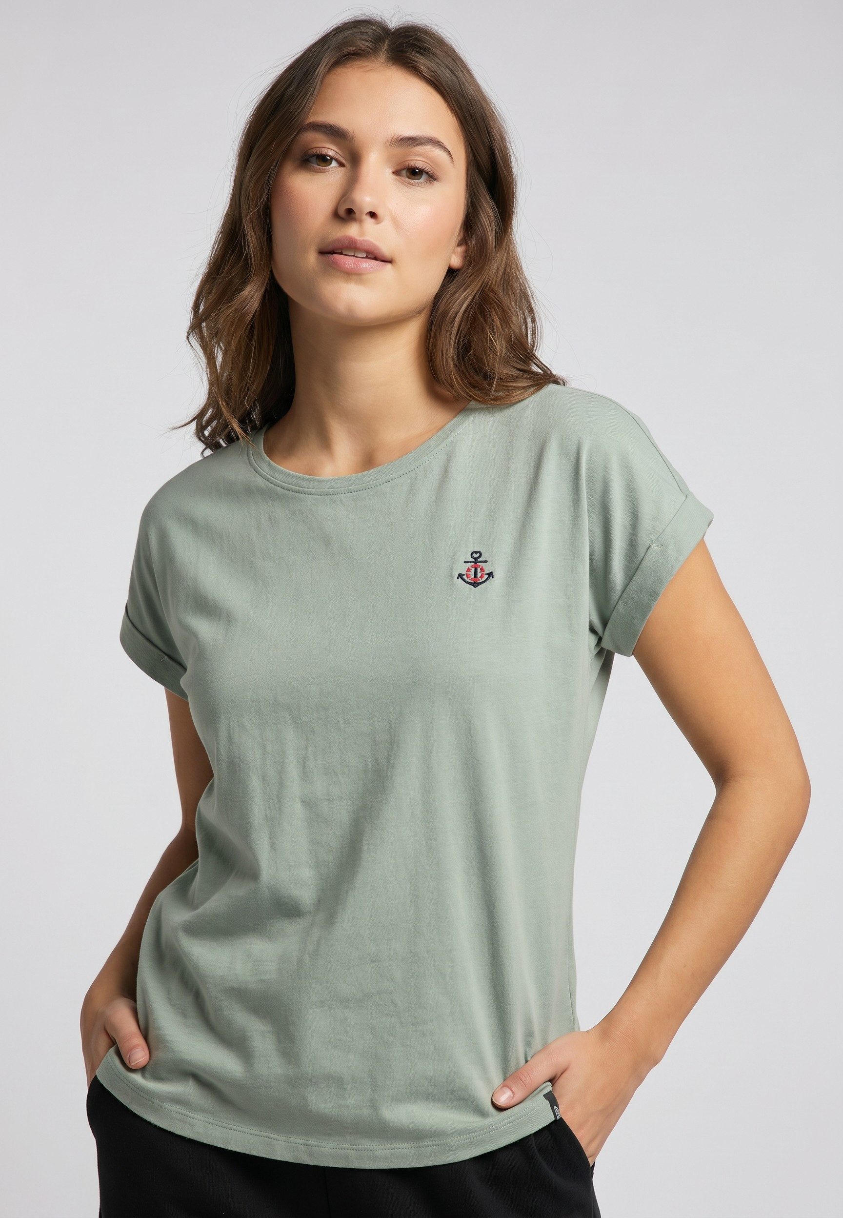 Eight2Nine T-Shirt Damen T-Shirt mit maritimer Stickerei Ärmel mit Aufschlag, Stickmotive: Muschel, Schiff, Hummer, Anker
