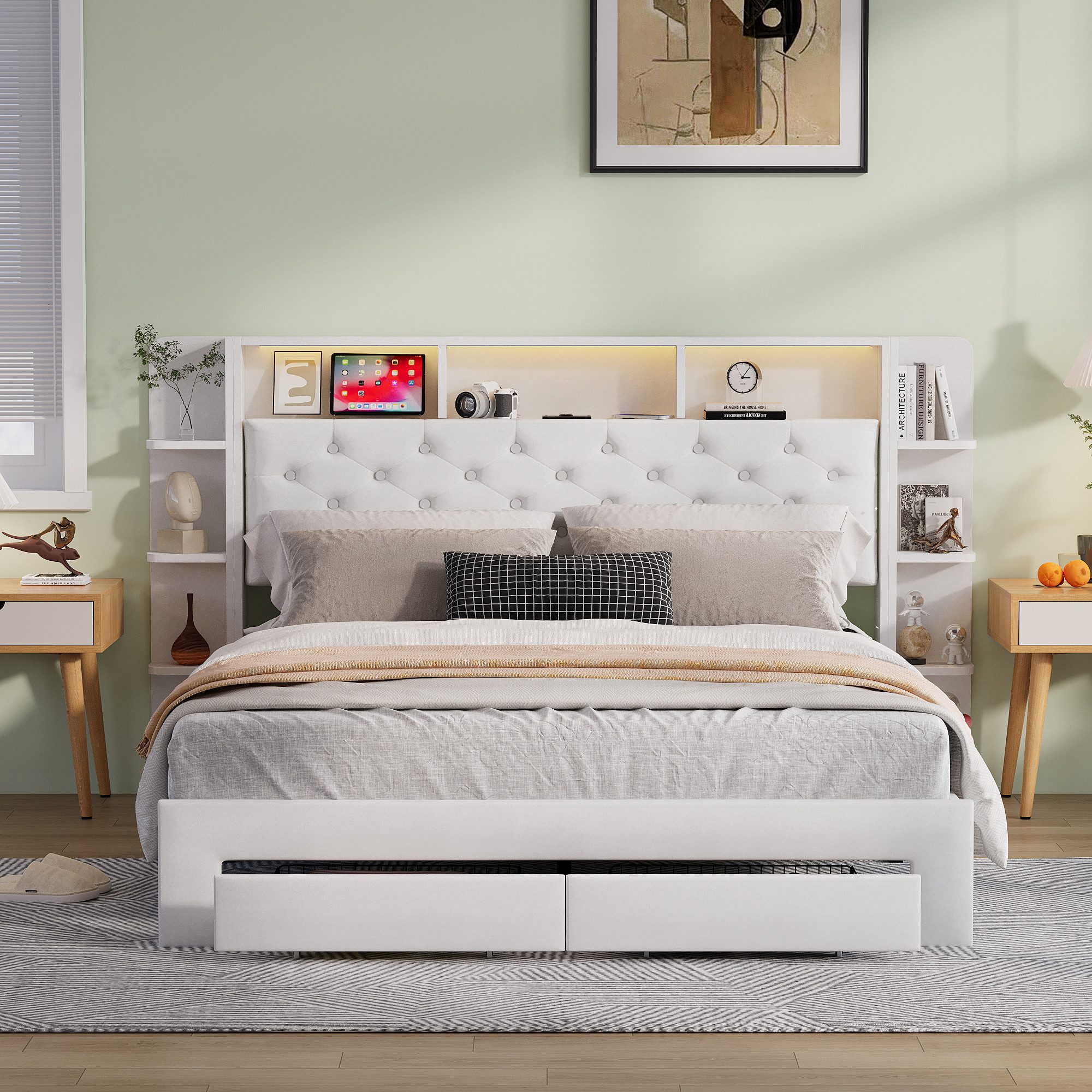 ADWOLT Stauraumbett Weiß Polsterbett Doppelbett mit 2 Schubladen (Set, 1-tlg., Kopfteil mit LED-Beleuchtung und Staufächer), Funktionsbett Bettgestell, Samtstoff, Ohne Matratze, 140x200cm