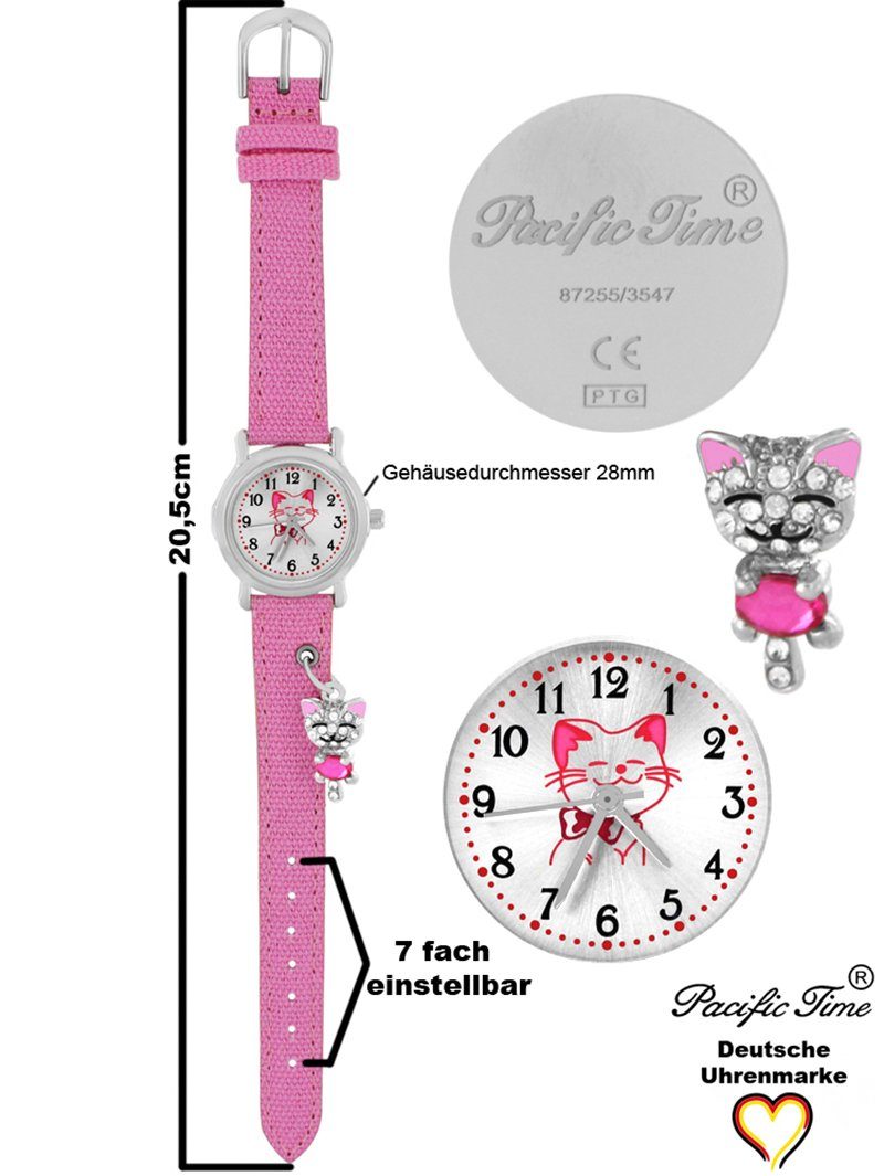 Armbanduhr Pacific Time mit Kinder Stoffarmband, Katzenanhänger Gratis Quarzuhr rosa Versand