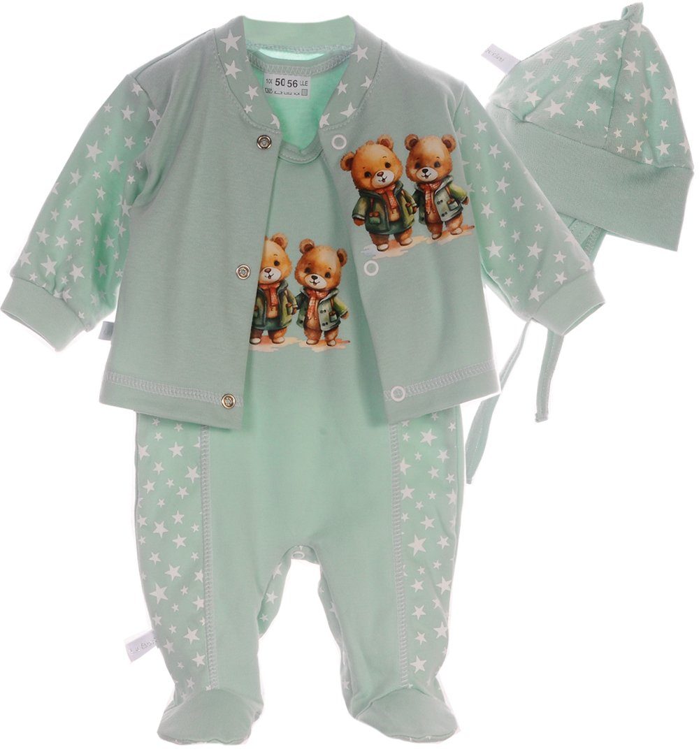 La Bortini Strampler, Jäckchen & Mütze Strampler Mütze und Hemdchen Set Baby Anzug 3tlg mit Sternchen aus reiner Baumwolle, 44 50 56 62 68 74