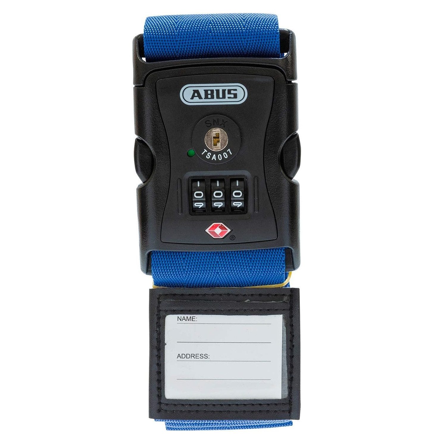 ABUS Koffergurt Kofferband-Schloss 620TSA/192 - USA Reise, Zahlencode, 1 Stk., Blau, Individuell einstellbarer dreistelliger Zahlencode, mit Adressetikett