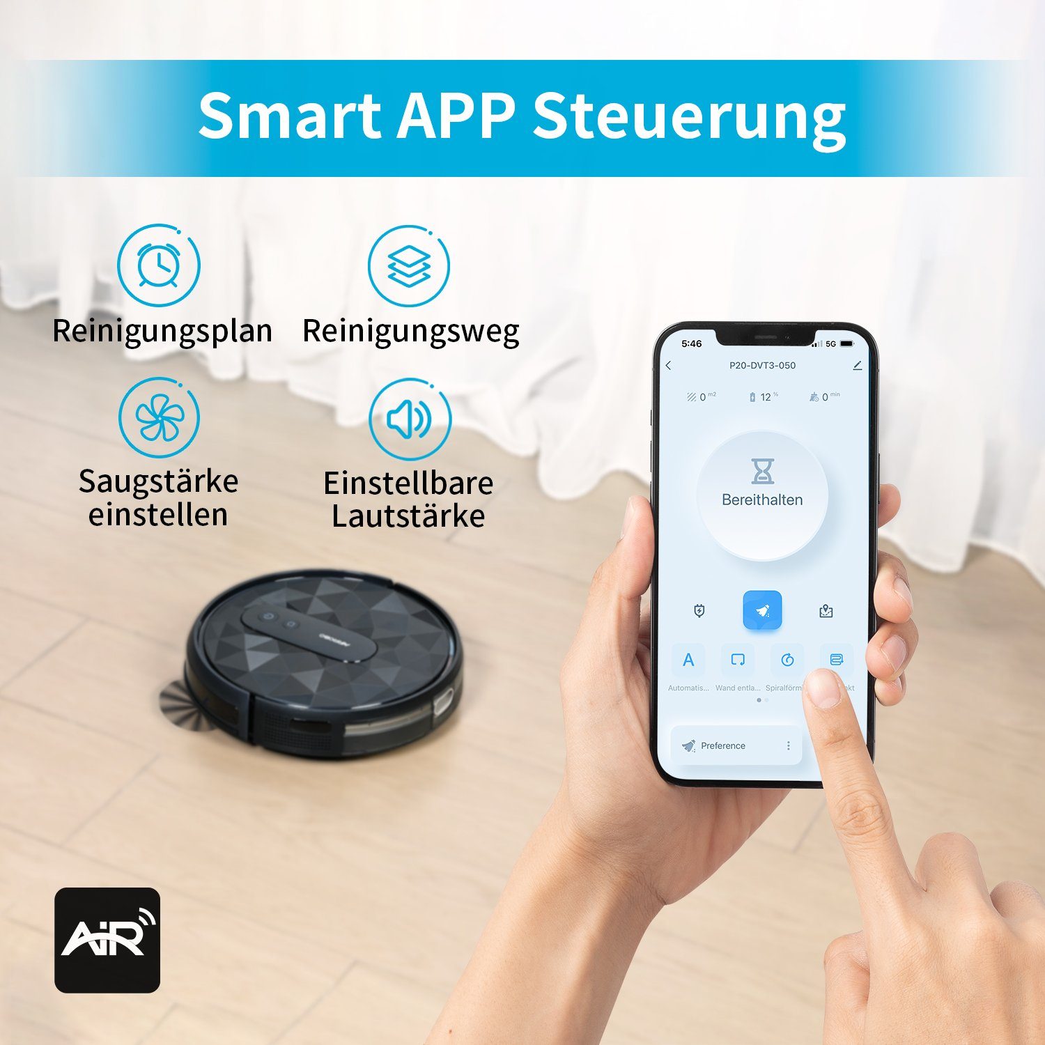 Saugroboter Leise, Tierhaare, AIRROBO WiFi/App, 2800Pa Selbstaufladung, für Hartböde