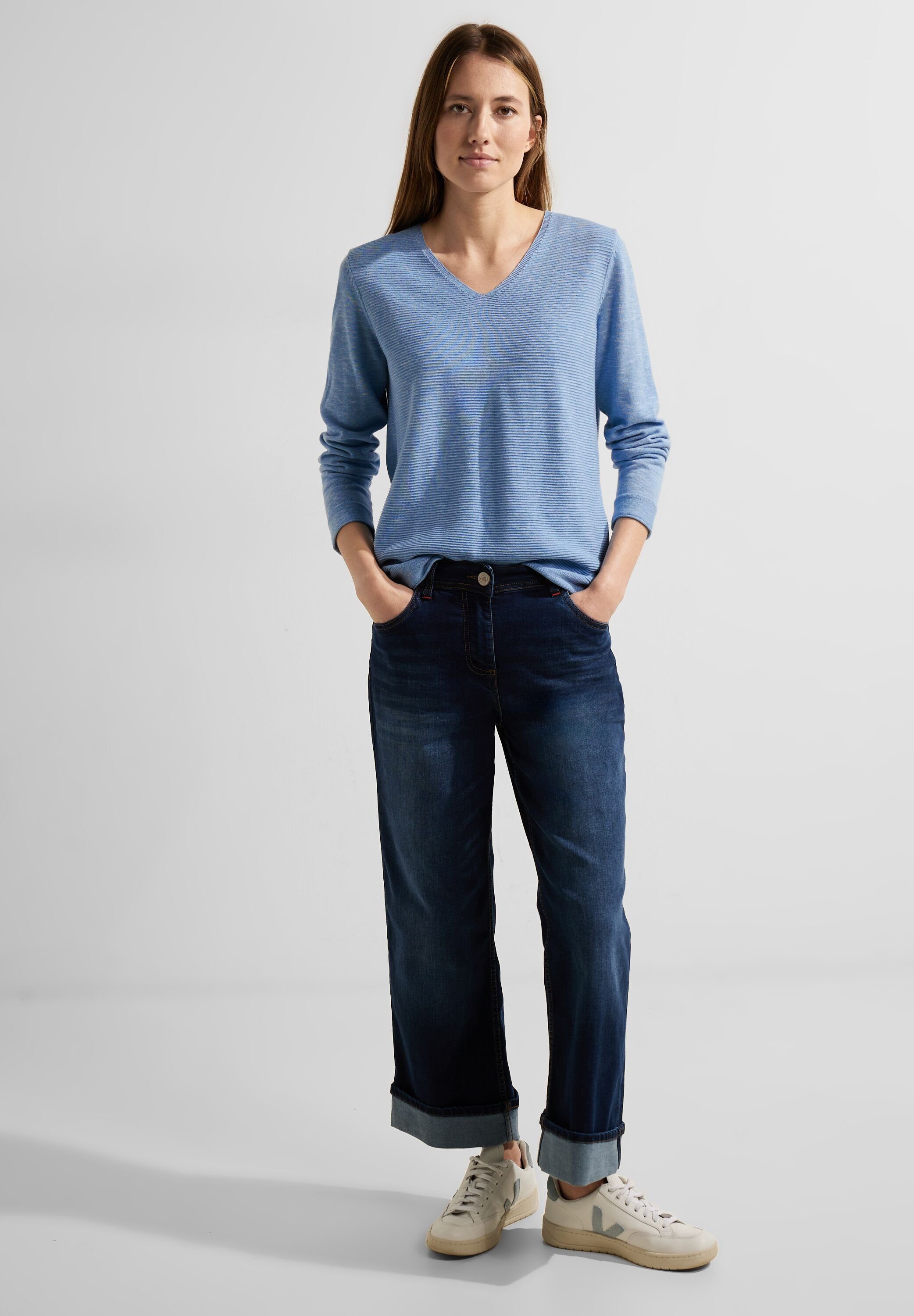 Streifen-Struktur heather blue Cecil real mit V-Ausschnitt-Pullover melange