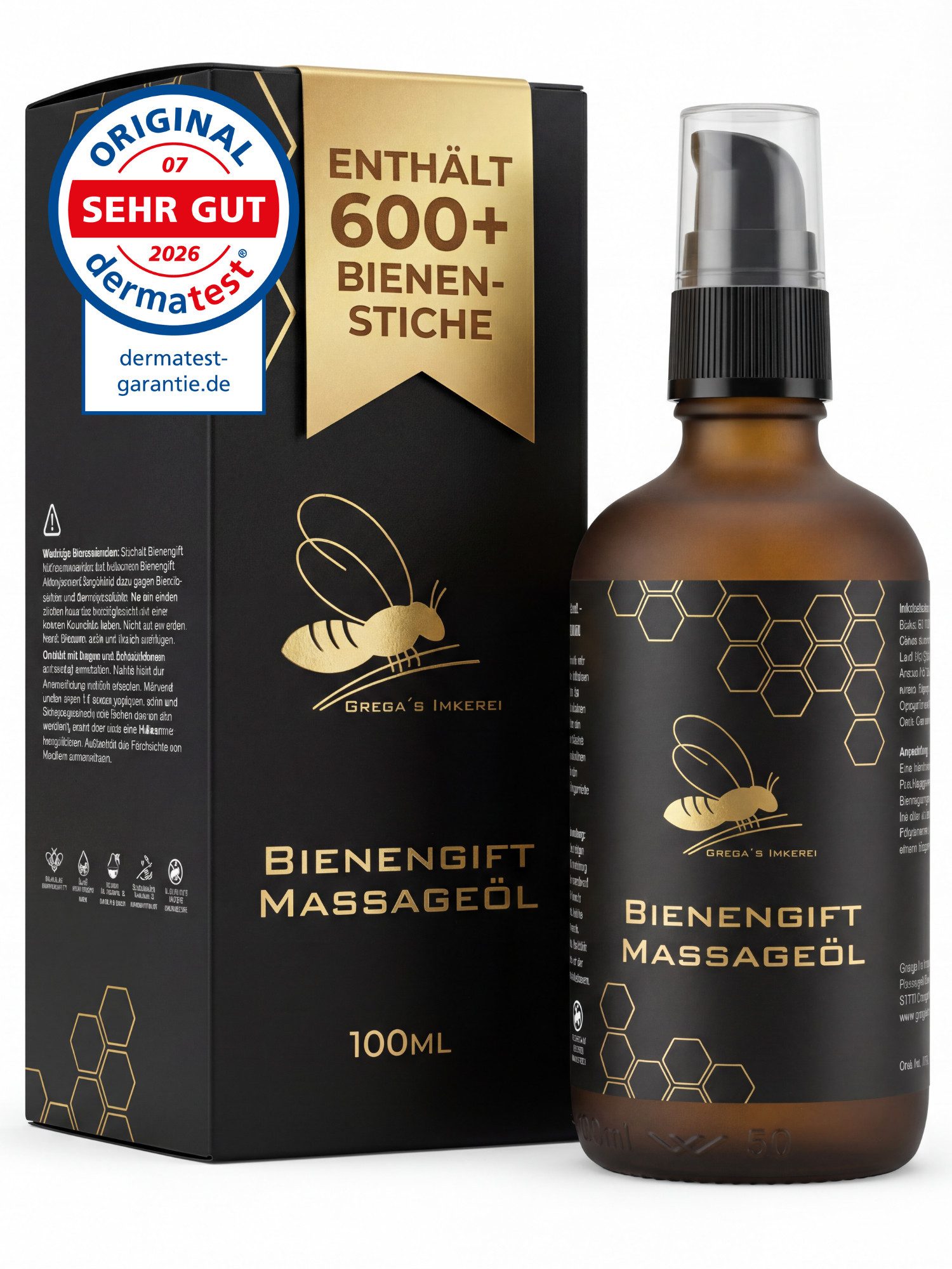 Grega´s Imkerei Massageöl mit Bienengift 100ml Intensiv Pflege-Serum für Muskeln Gelenke, 1-tlg., Hochkonzentriert: Jede Flasche enthält über 600 Bienenstichen.