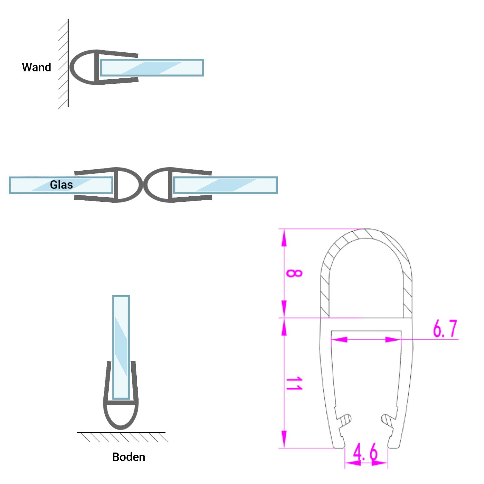 WITEN&NOCK Duschdichtung 5-6 mm Ersatzdichtung Ballondichtung Streifdichtung für Wasserabweiser, L: 60 cm, (2-St) – Bild 5 von 5