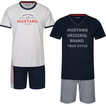 MUSTANG Schlafanzug (2 tlg) Oberteil navy, Short navy/graumelange geringelt