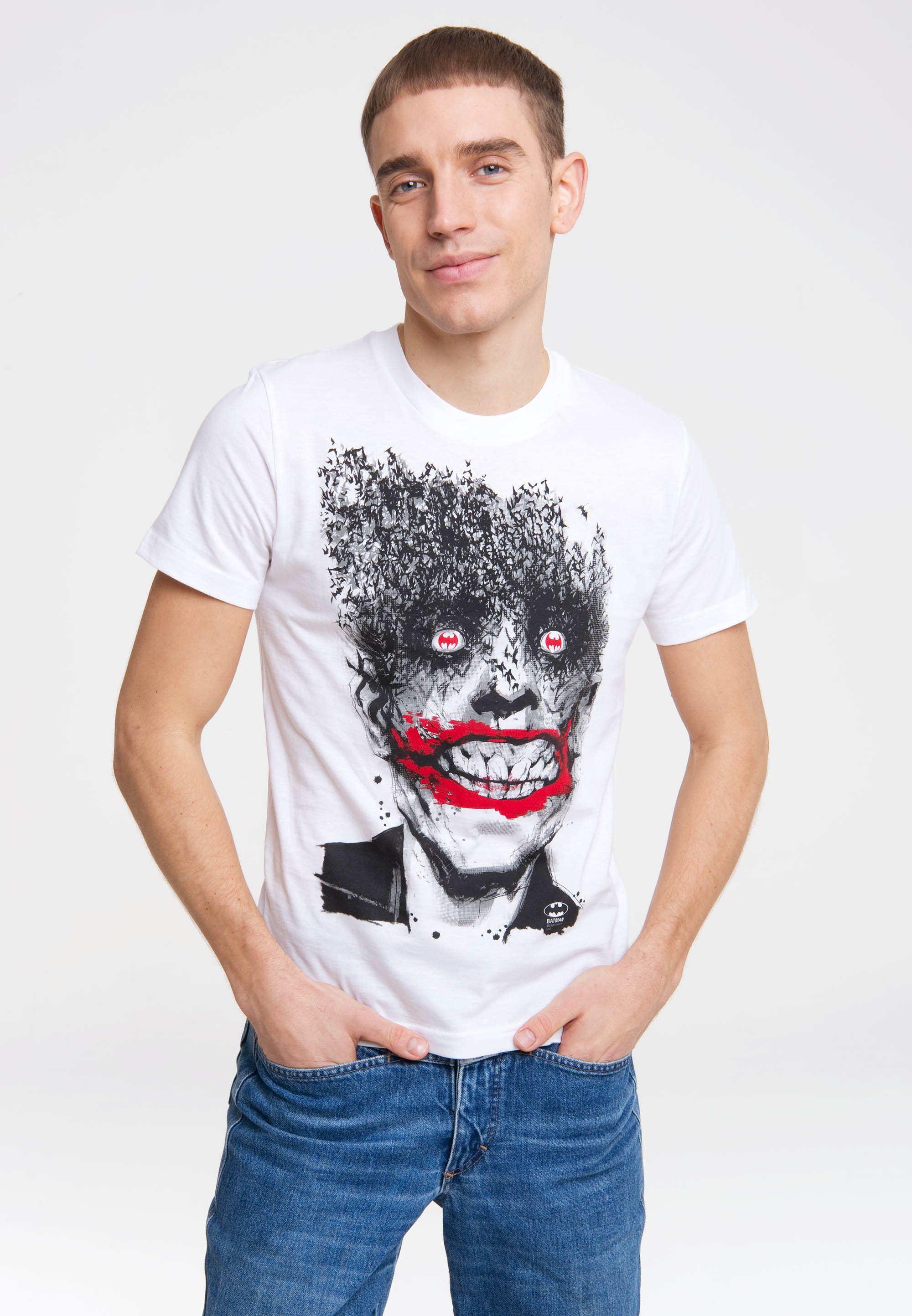 einen T-Shirt Joker Joker-Frontprint, Bats Sitz Rundhals-Ausschnitt - Raffinierter für sorgt mit schaurigem tollen LOGOSHIRT DC Batman