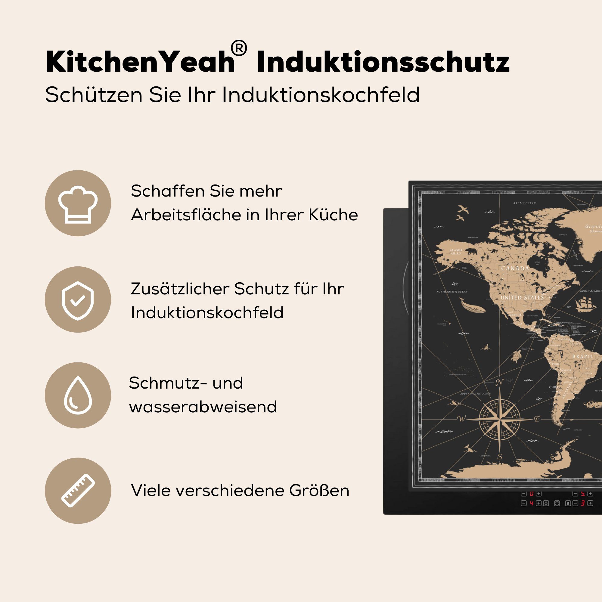 83x51 tlg), MuchoWow - Welt küche für Arbeitsplatte Vinyl, (1 - Ceranfeldabdeckung, Karte Herdblende-/Abdeckplatte cm, Braun,