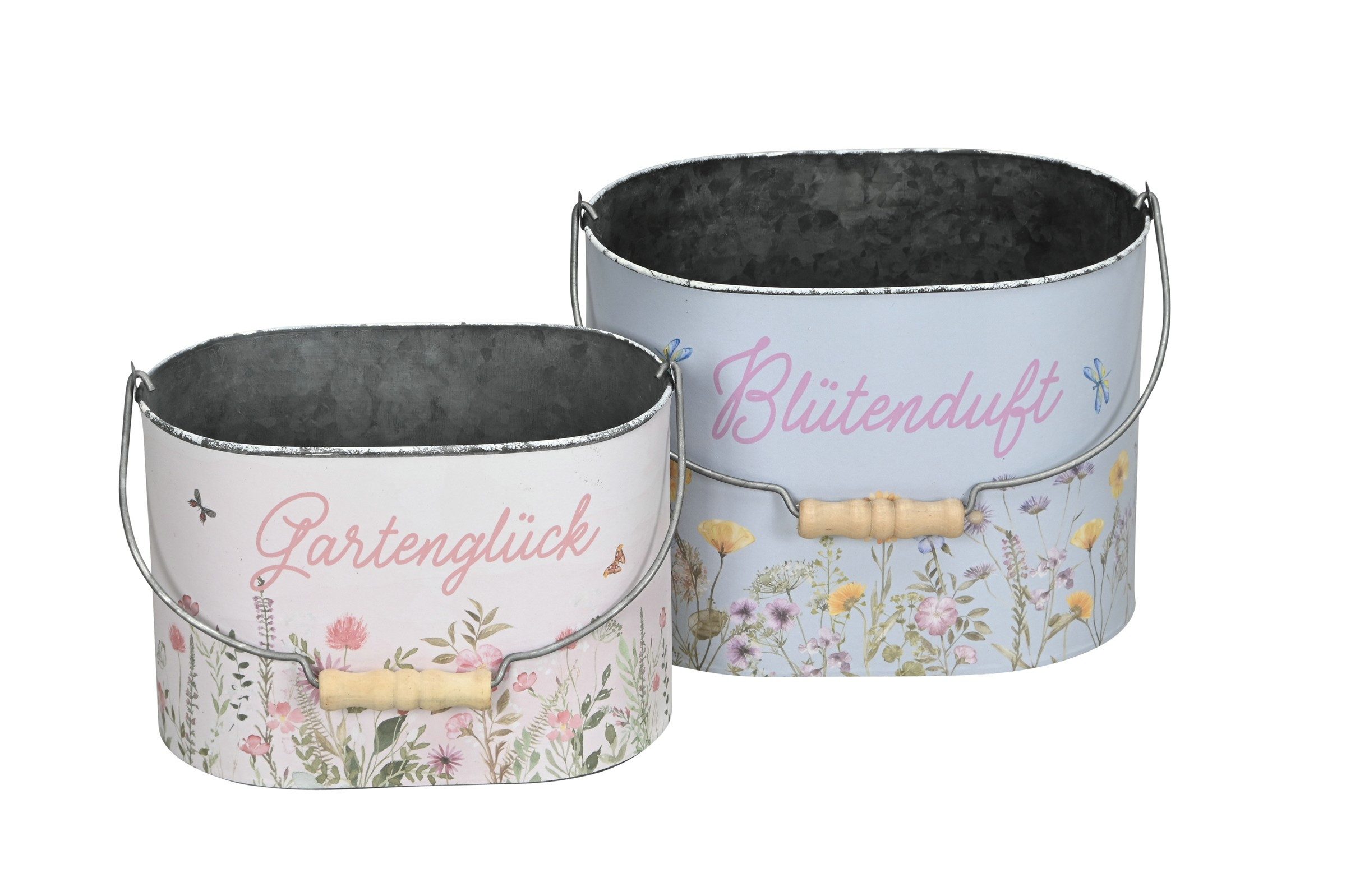 finehomegarden Blumentopf Eimer-Set oval aus Metall mit Spruch und Henkel, 2-teilig bunt (2 St., 2er-Set), Größen 22x14/25x17 cm Dekoeimer & Pflanzgefäße