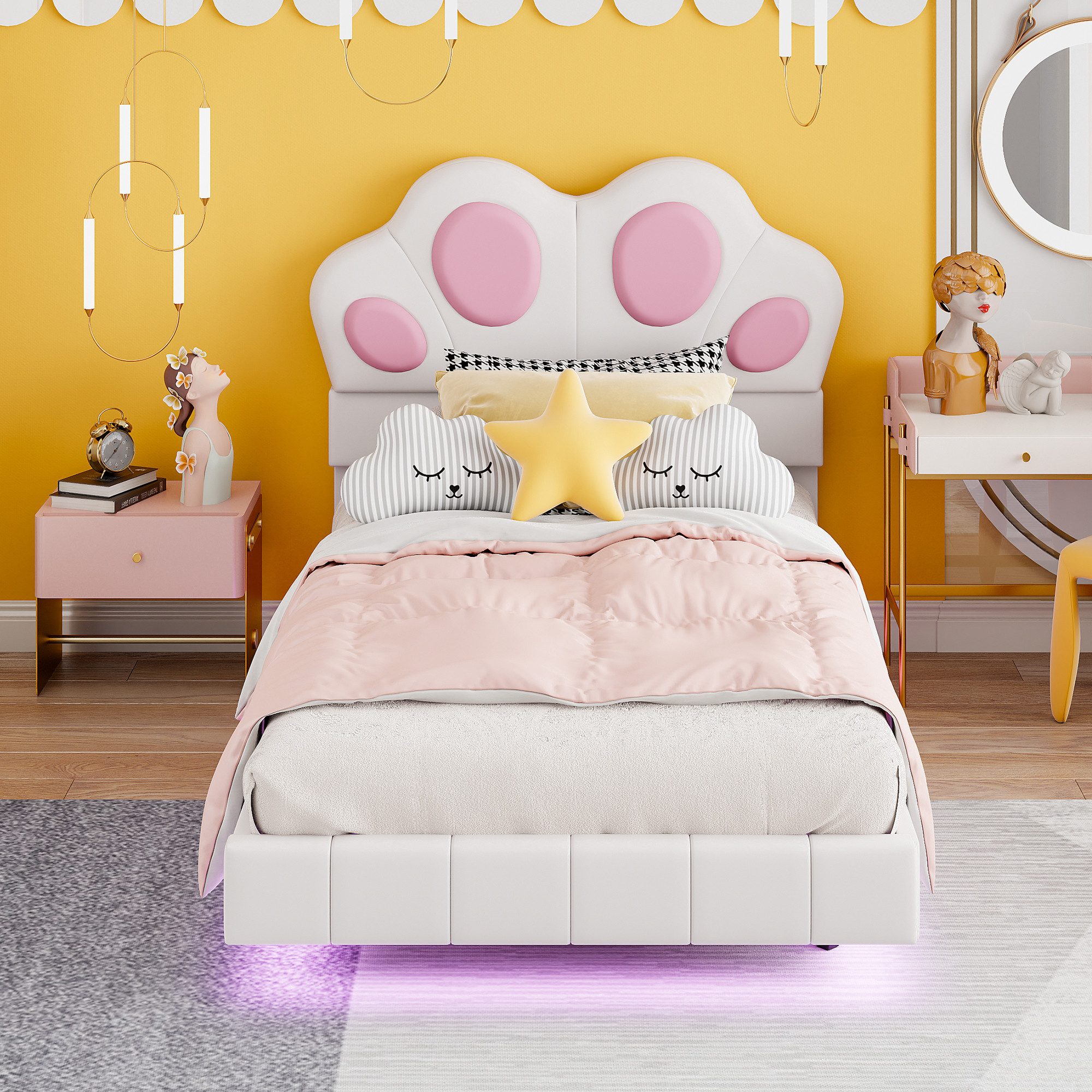Gotagee Kinderbett Kinderbett Polsterbett Kopfteil in Katzenpfotenform LED Jugendbett, Katzenpfotenform am Kopfende des Bettes, Kunstlederstoff