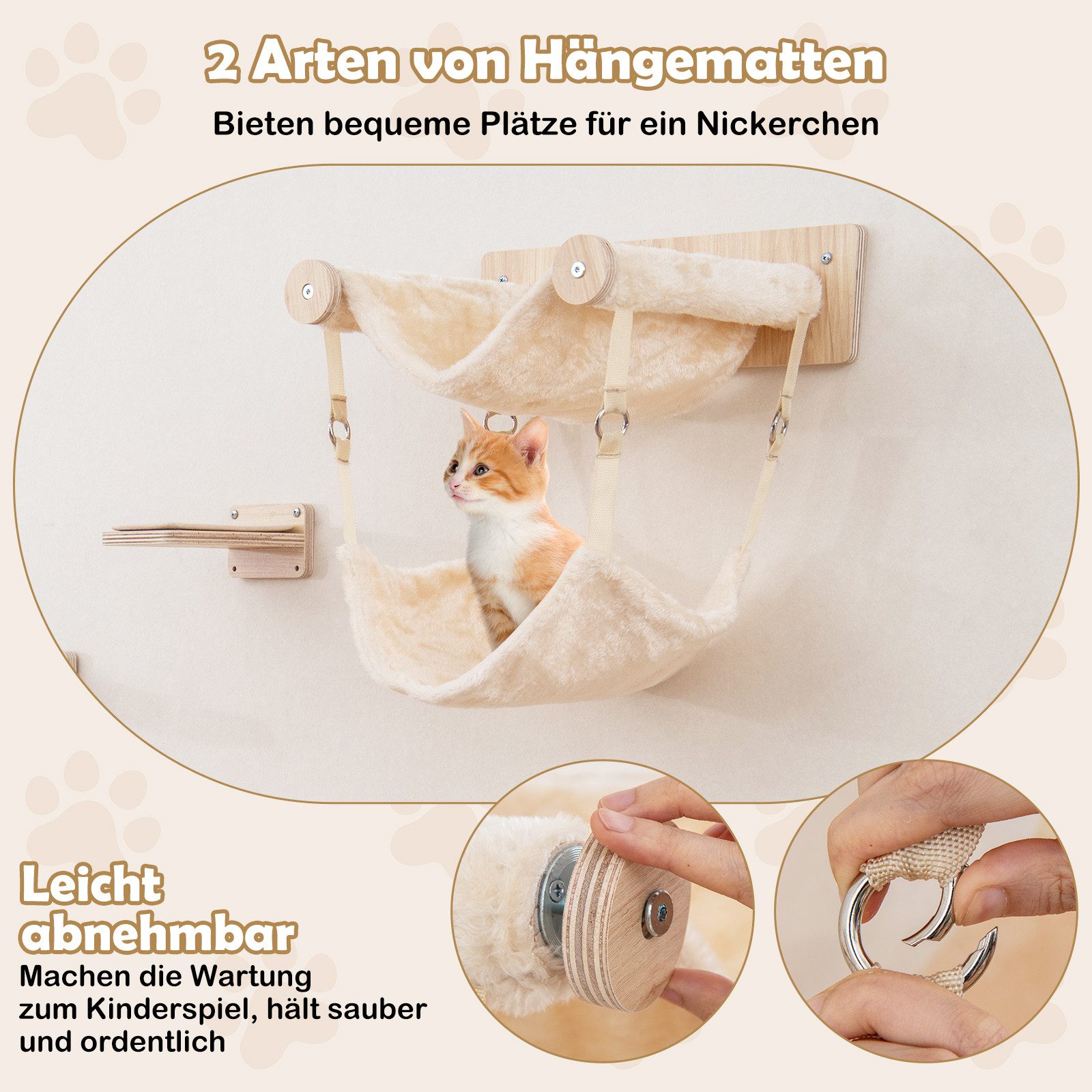 KOMFOTTEU Kratzbaum, Kletterwand mit 2 Hängematten, Bett, Treppenstufen