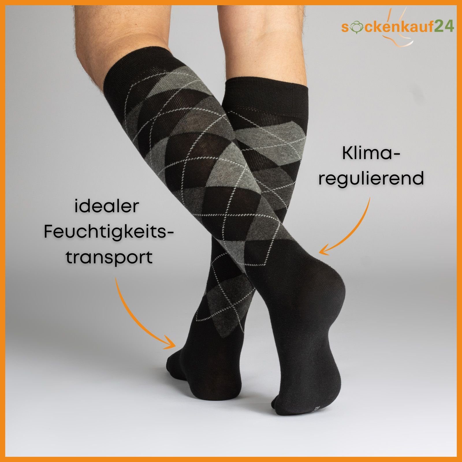 sockenkauf24 Kniestrümpfe 4 Paar Herren Strümpfe Karo Muster Baumwolle (Grau/Schwarz, 4-Paar, 43-46) ohne Gummidruck & ohne Naht - 22733 WP – Bild 4 von 5