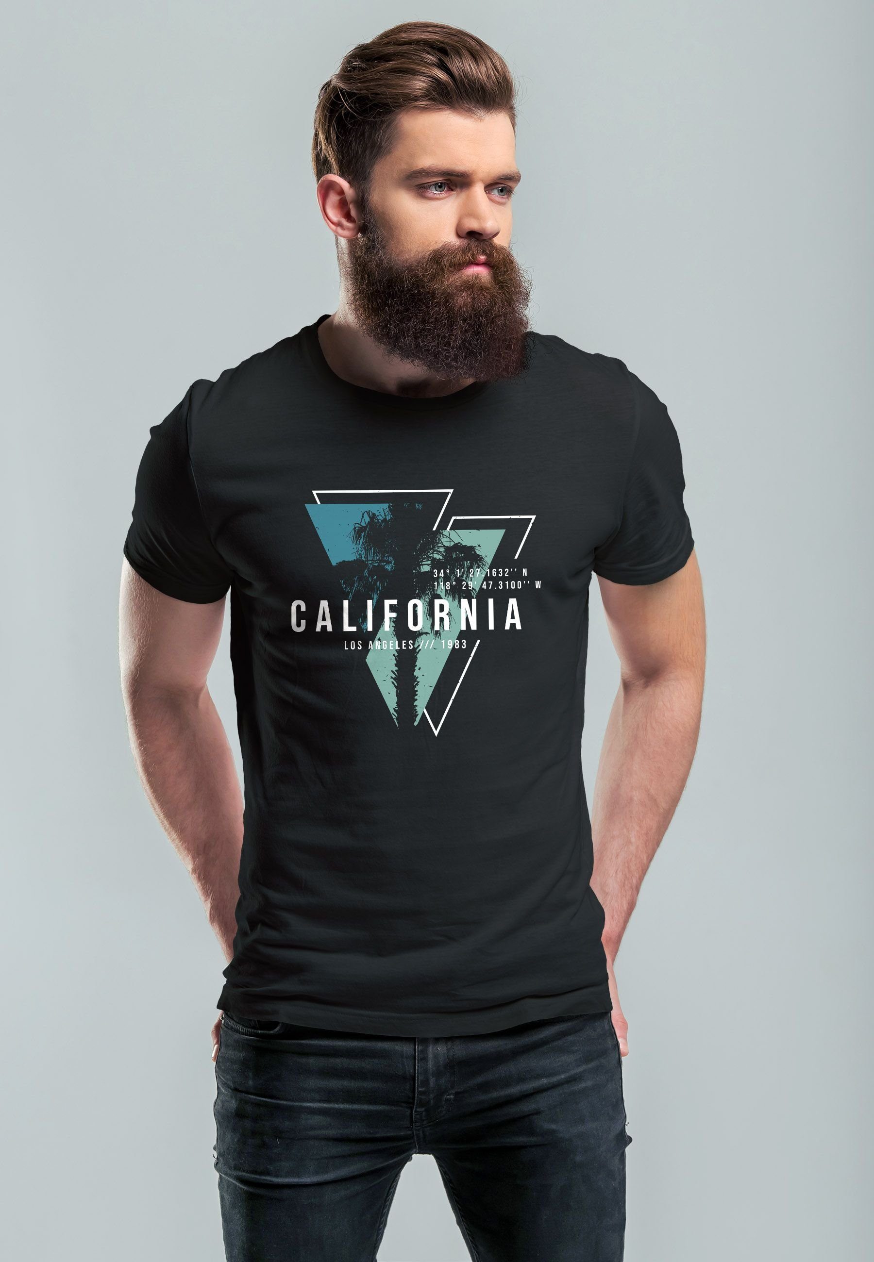 California T-Shirt Print-Shirt Sommer USA schwarz/blau Angeles Herren Los Fashion Neverless Motiv Surfing mit Print