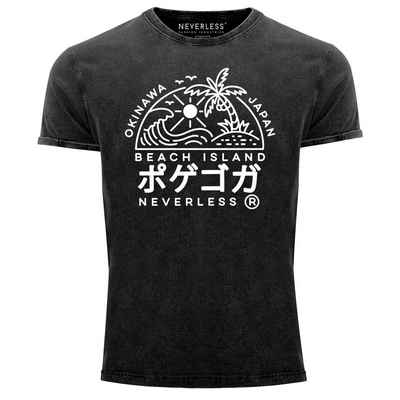 Neverless Print-Shirt Herren Vintage Shirt Japan Okinawa Beach Island Schriftzeichen Printshirt T-Shirt Aufdruck Used Look Neverless® mit Print