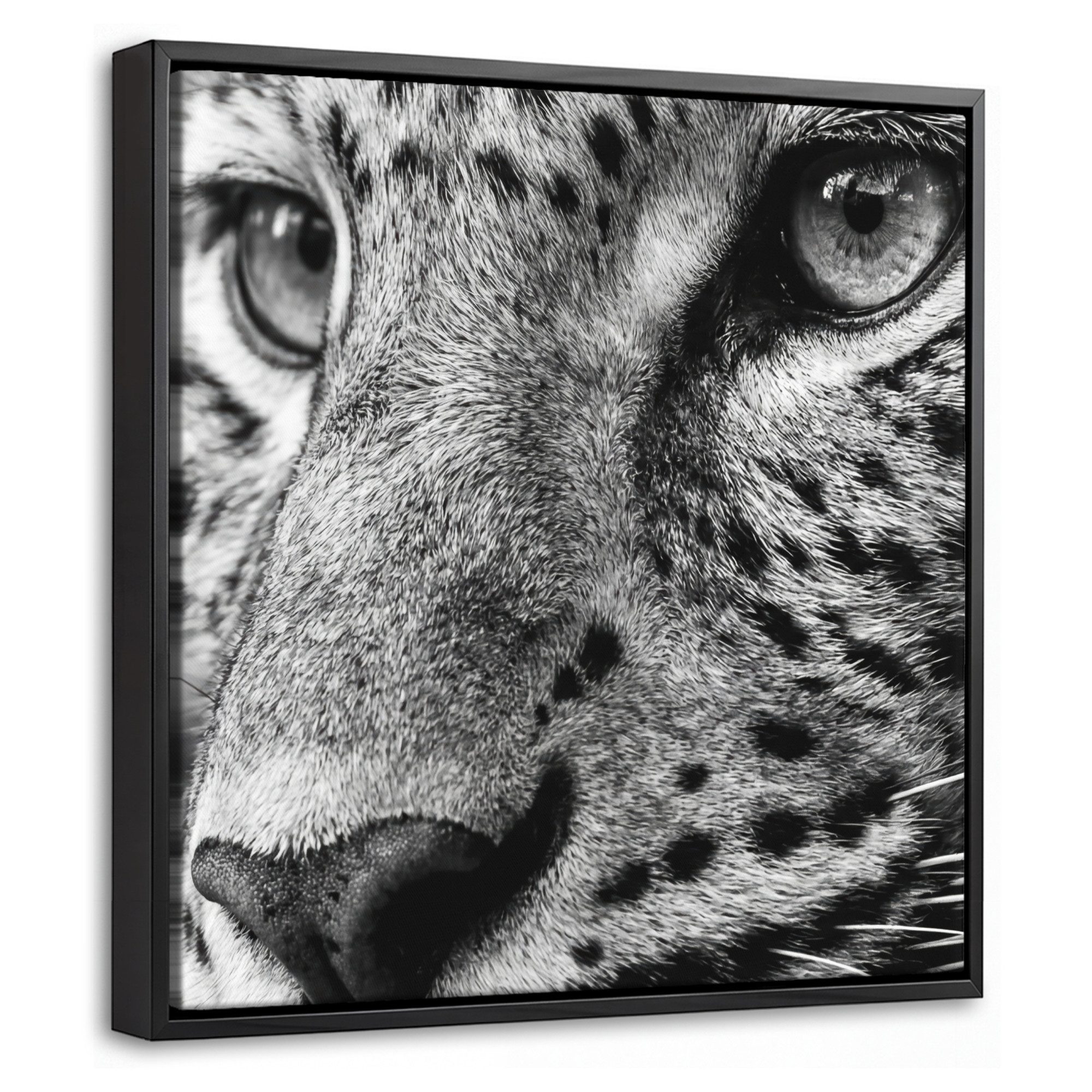 OneMillionCanvasses® Leinwandbild mit Rahmen - Leopard - Schwarz - Weiß - Auge, Fotodruck (1 St), Leinwand Bilder Klein, Wand Dekoration Aesthetic 20x20cm