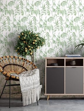 Newroom Vliestapete, Grün Tapete Floral Blätter - Dschungeltapete Weiß Tropisch Modern Dschungel Zweige für Wohnzimmer Schlafzimmer Küche