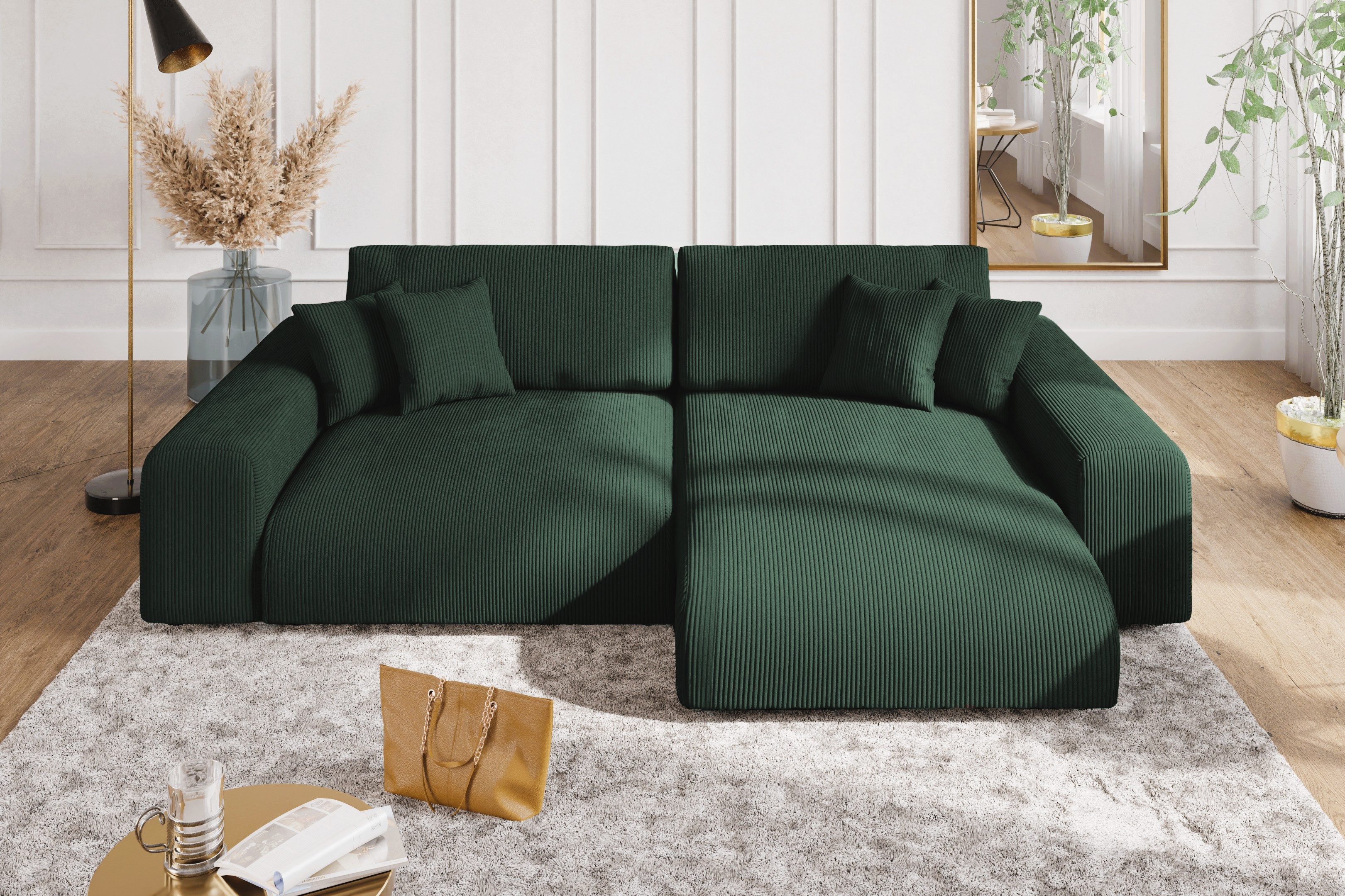 luma-home Ecksofa 21005, mit Schlaffunktion und Bettkasten, Wellenunterfederung, B255/H165/T84 cm, Liegefläche 148x196 cm, Ottomane links oder rechts montierbar, Cord-Bezug Grün