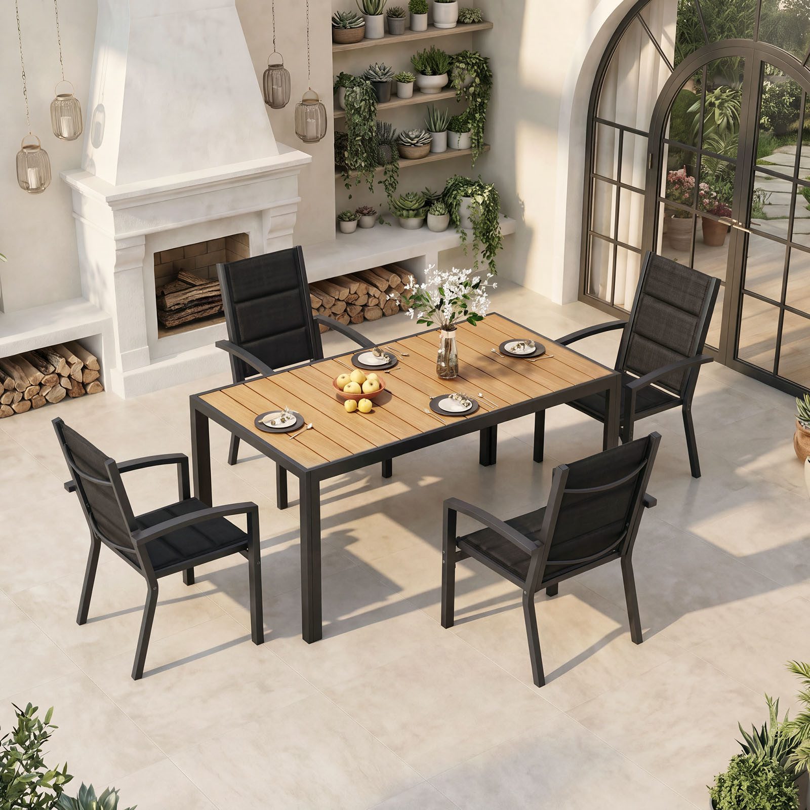 HOMALL Garten-Essgruppe 150/180cm Holzoptik Aluminiumtisch und Gartenstühle mit armlehnen, (5-tlg), Stapelbare Gartenstühle bis 160kg, rostfreier Aluminiumtisch bis 100kg