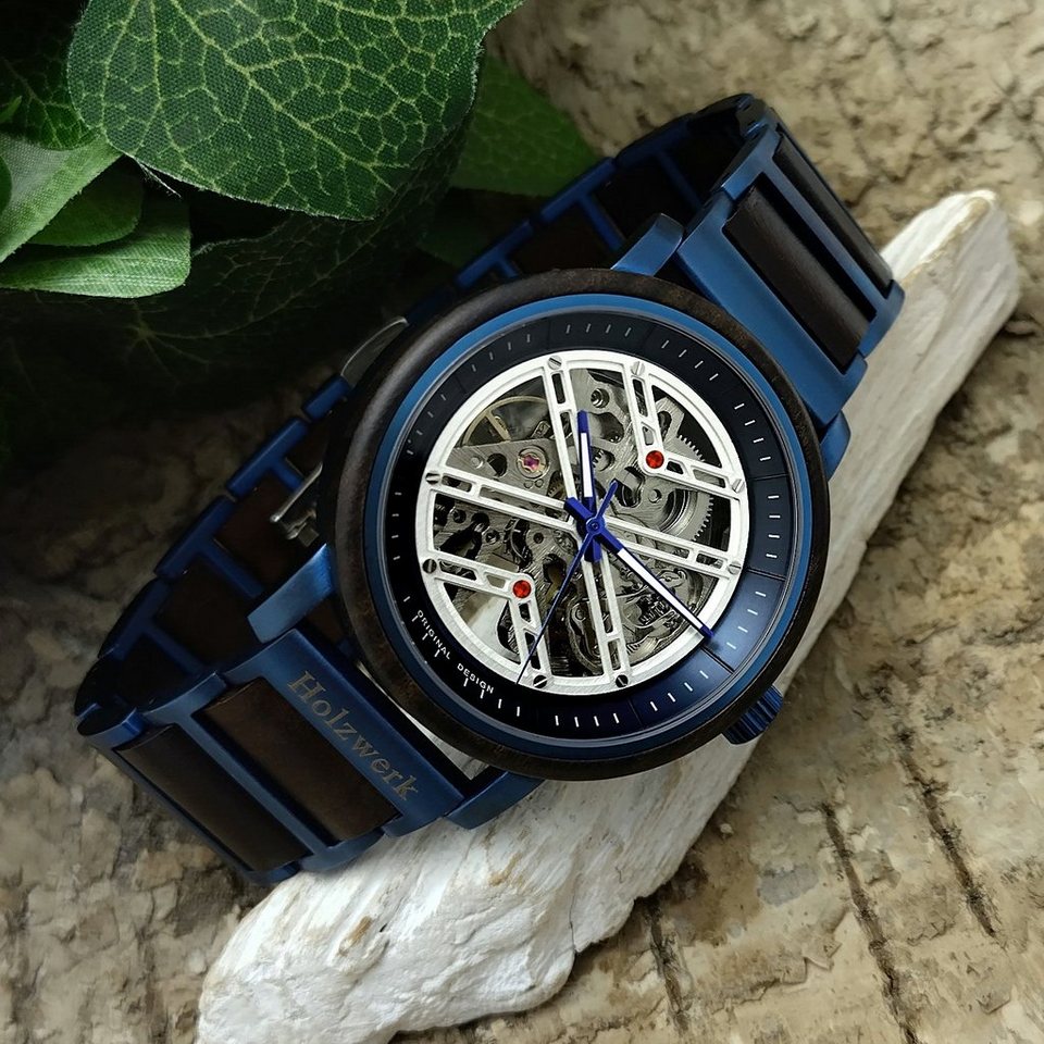 blau, Herren Uhr, Armband matt & weiß, COLDITZ Holzwerk Holz schwarz Edelstahl Automatikuhr