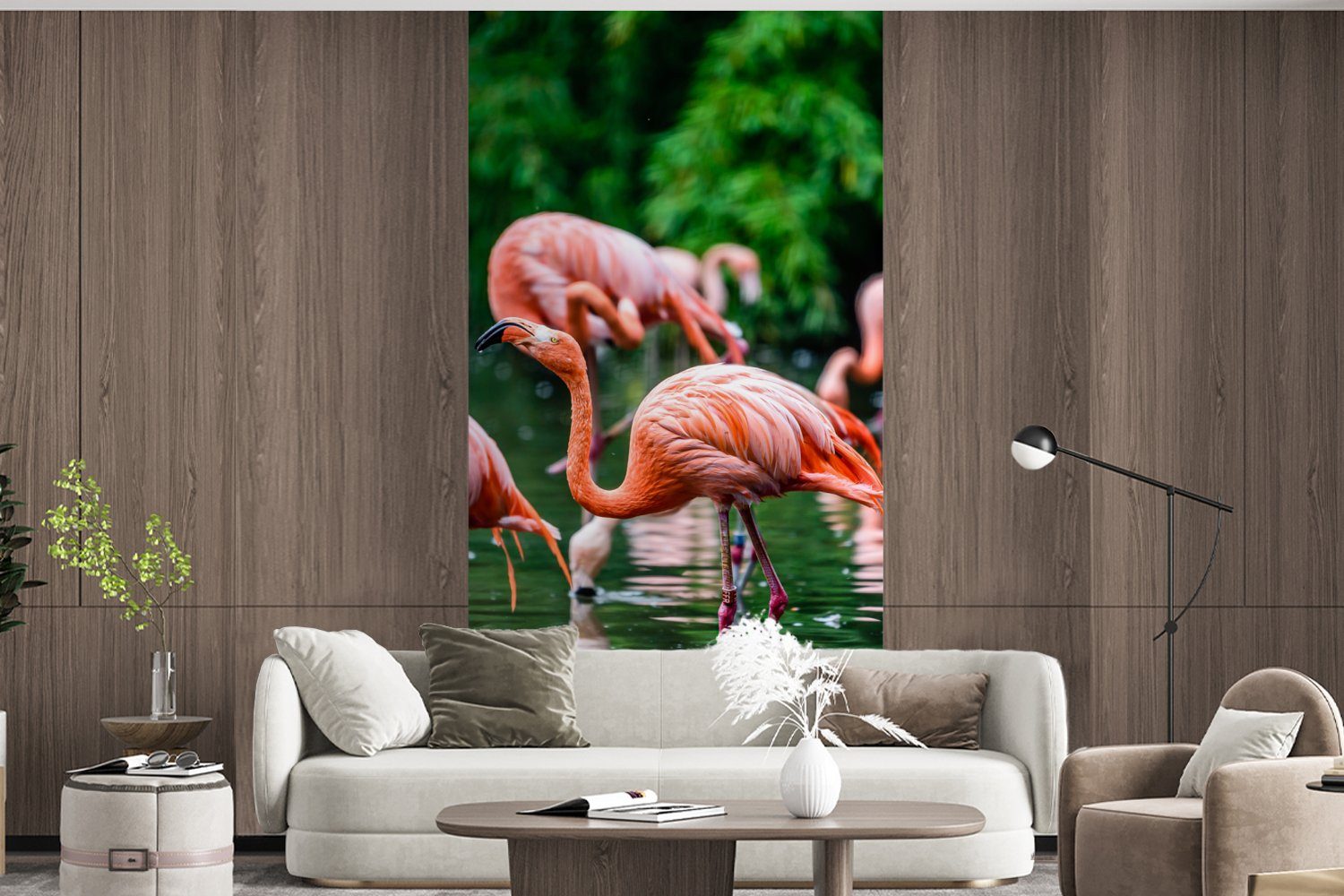 St), (2 Wohnzimmer für Vliestapete Fototapete MuchoWow Schlafzimmer Rosa, - Tropisch Vogel Flamingo Matt, Wasser - Fototapete - - Küche, bedruckt,