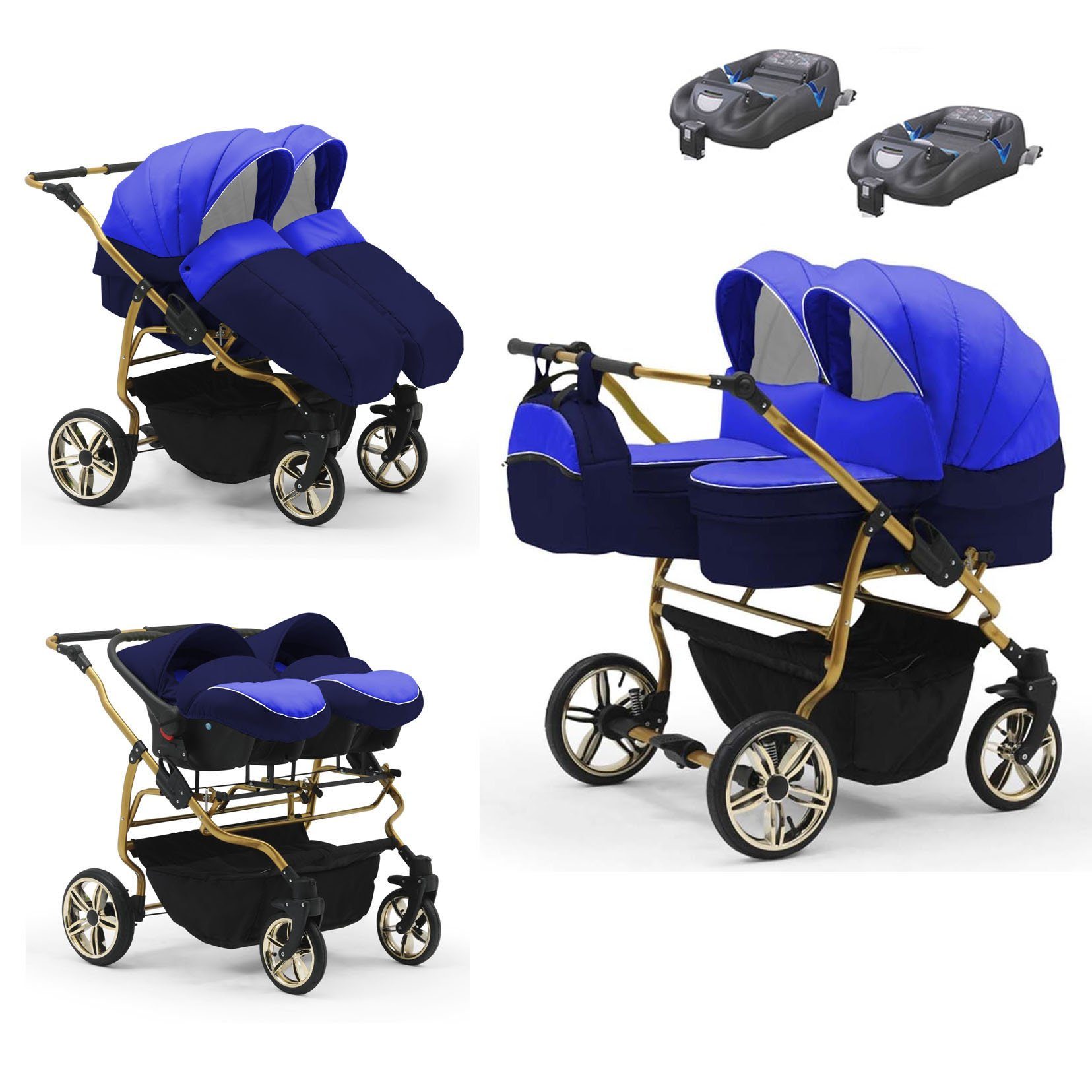 babies-on-wheels Zwillingswagen Zwillingswagen Duet Lux Gold 4 in 1 - 15 Teile - in 33 Farben Royalblau-Navy