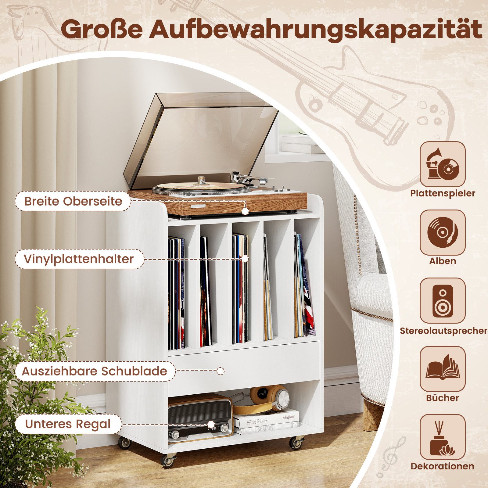 COSTWAY Nachttisch Plattenspielerständer Beistelltisch mit Rollen, 5 Fächern, Schublade – Bild 3 von 5