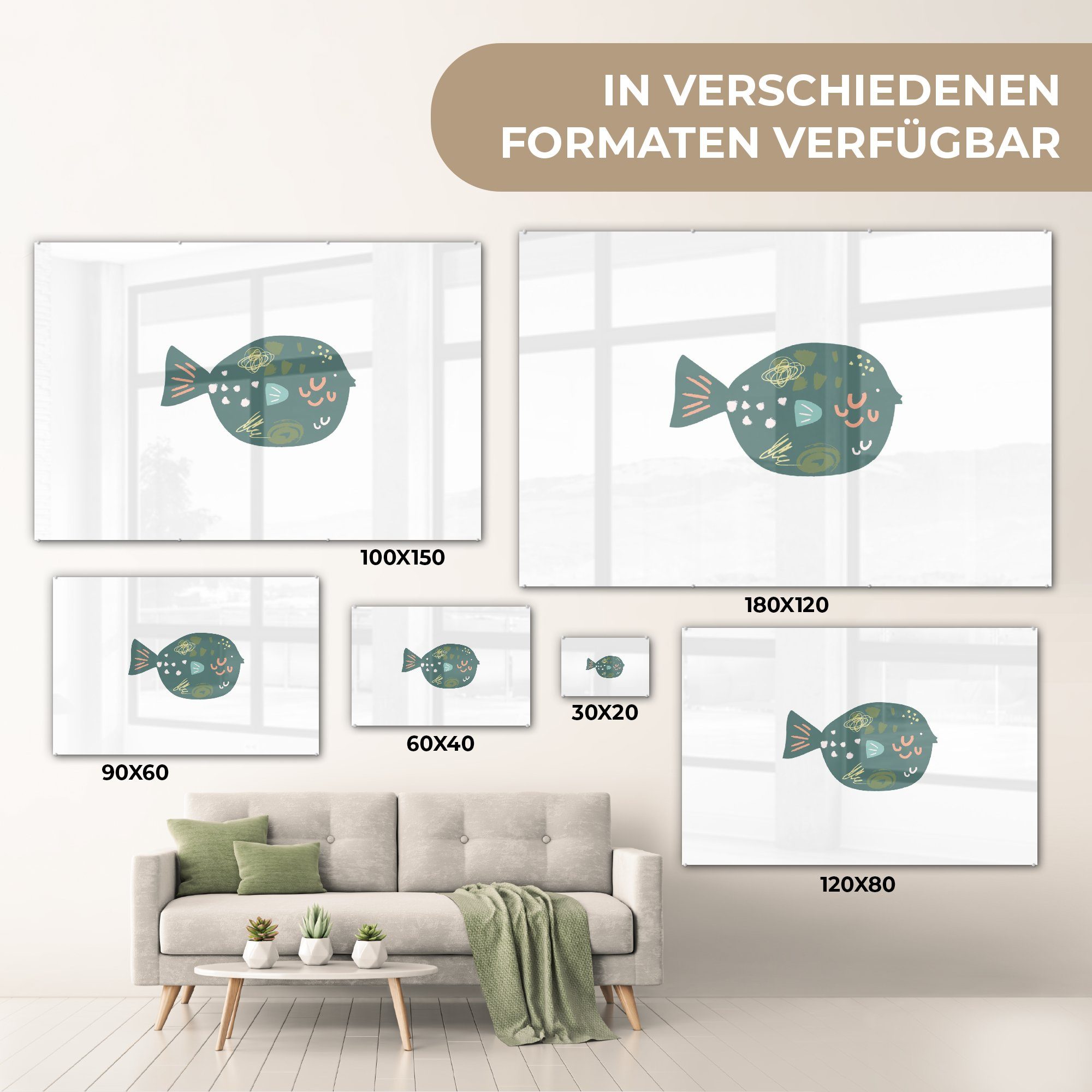 Grün Fisch Wohnzimmer & St), MuchoWow Pastell, - Acrylglasbilder Schlafzimmer Acrylglasbild (1 -