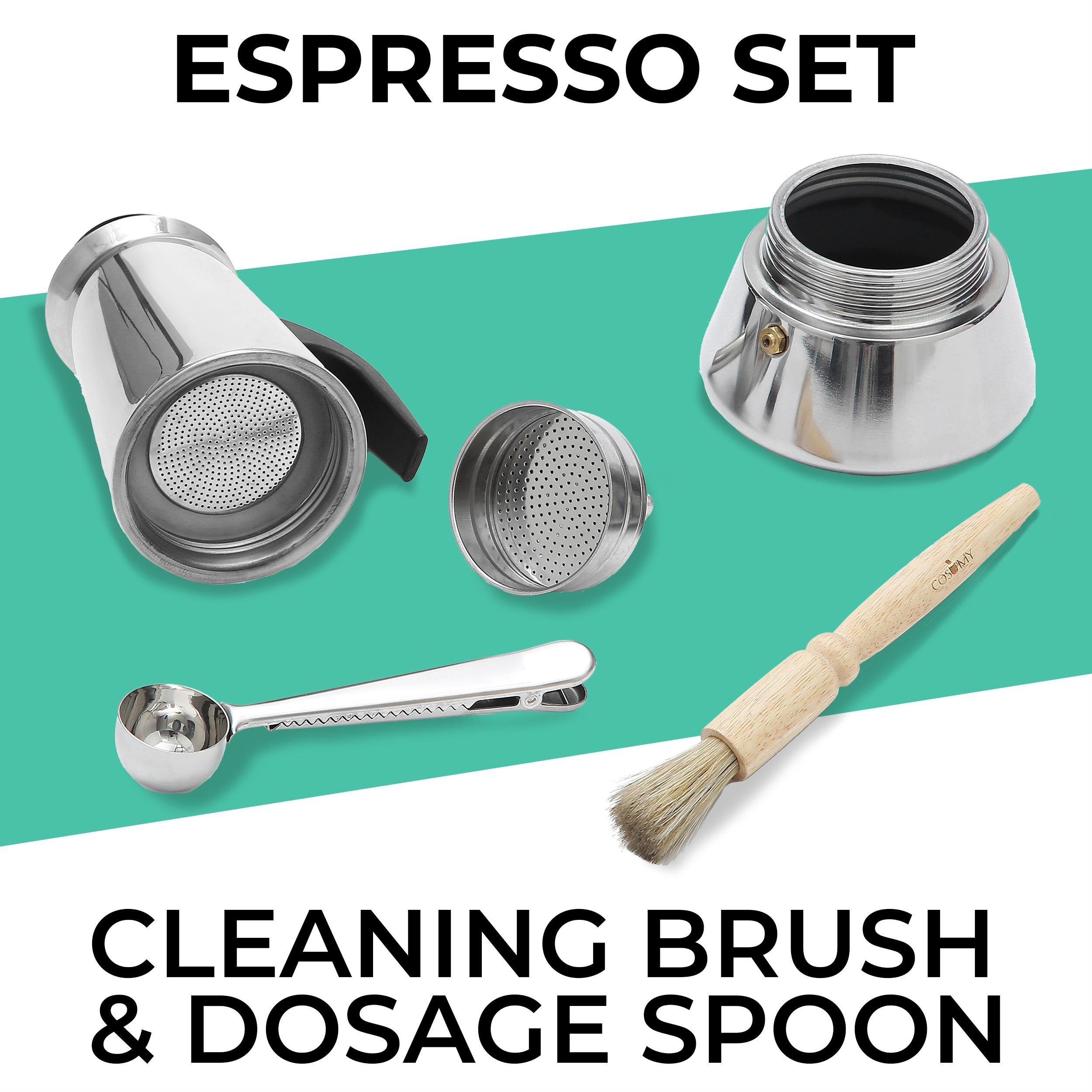 Espressokocher Tassen, und Reinigungsbürste mit - geeignet Cosumy Edelstahl - Set Dosierlöffel Induktion Espressokocher Rostfrei Cosumy für 6