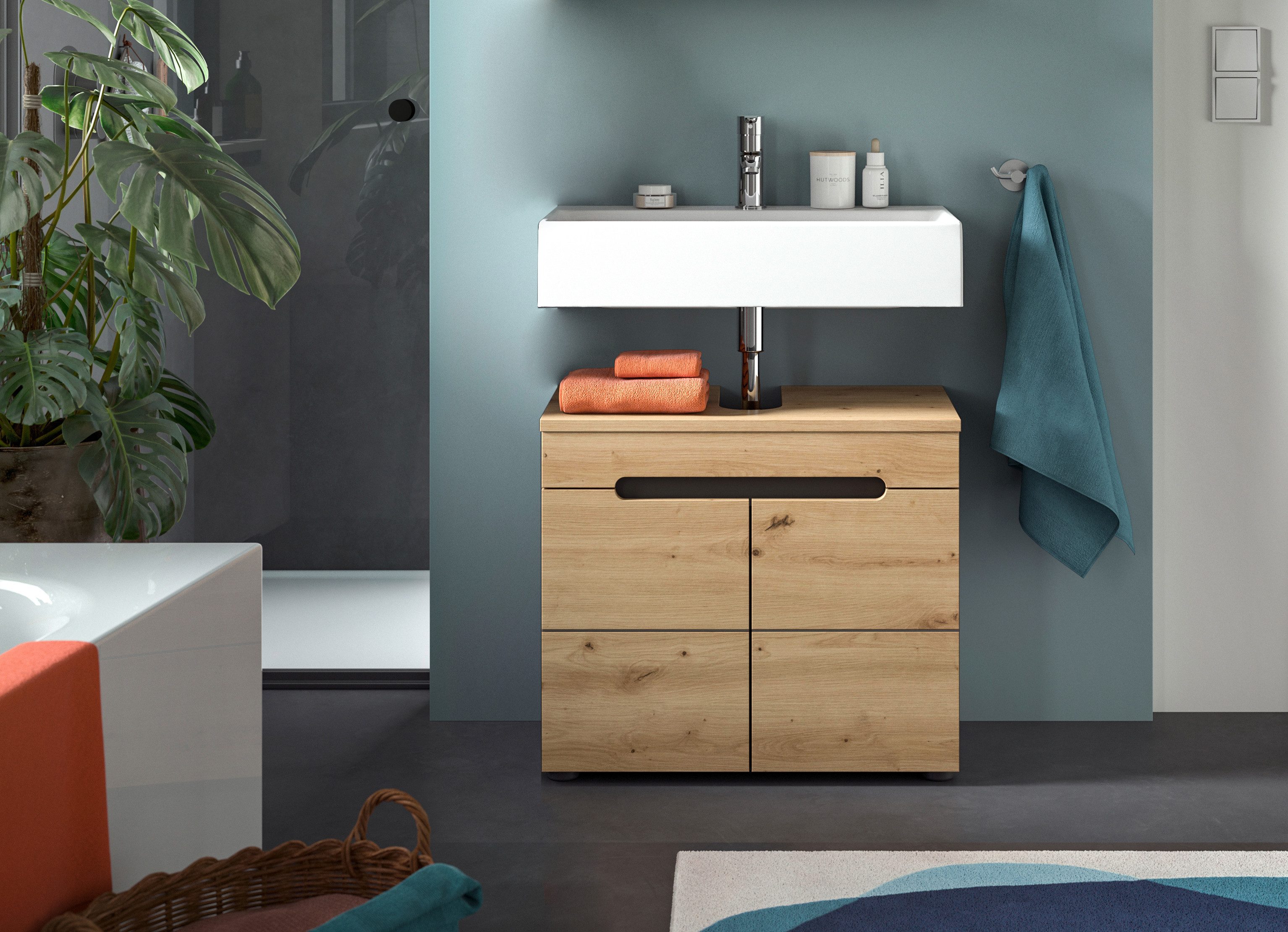welltime Waschbeckenunterschrank REHAT, Breite 63 cm, 2 Türen, Einlegeboden, mit Siphonausschnitt Soft-Close-Funktion, eingefasste Griffaussparung in der Front – Bild 2 von 5