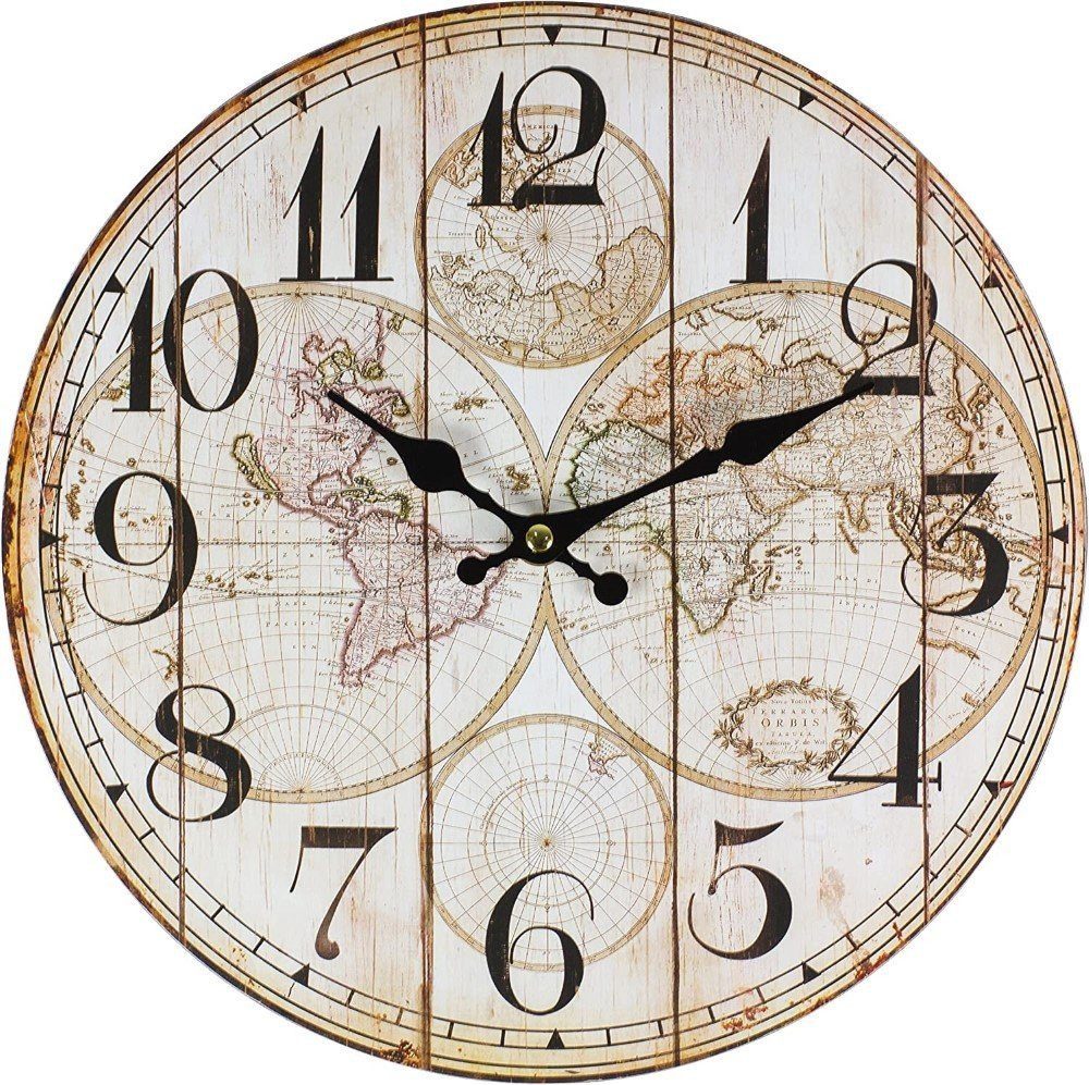 PERLA pd DESIGN Wanduhr Dekorative Wanduhr 28 cm mit Weltkartenmotiv, analoges Quarzwerk, MDF (Geräuscharmes Quarzlaufwerk Dekoratives Weltkartenmotiv)