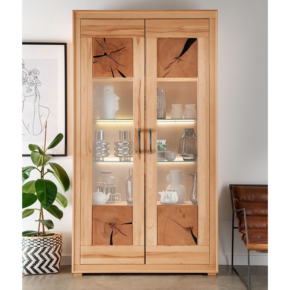 Lomadox Vitrine WINNIPEG-69 Vitrinenschrank, Kernbuche massiv geölt, Hirnholz-Details, montiert