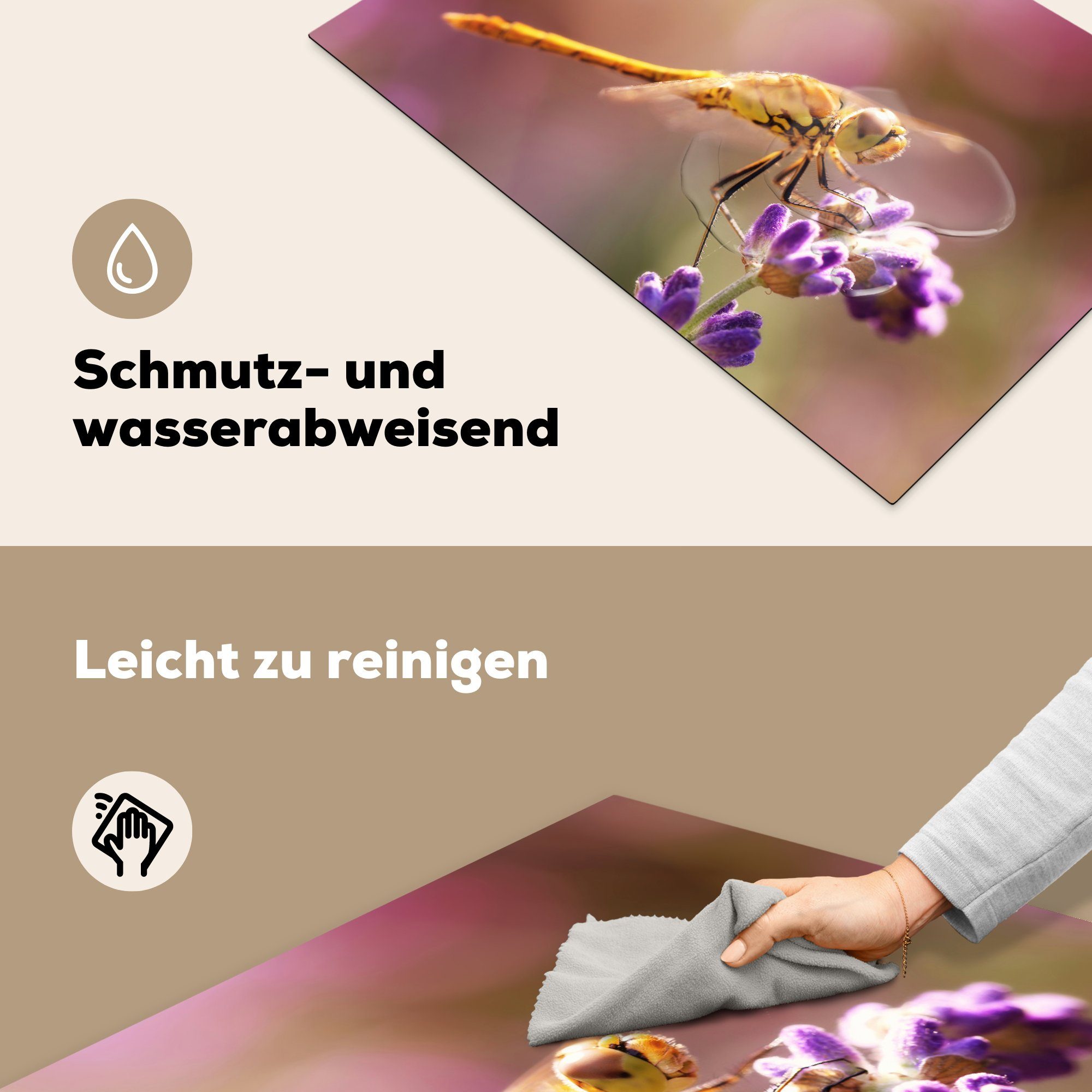 Blumen Schutz MuchoWow Herdblende-/Abdeckplatte Vinyl, Makro, Induktionskochfeld - die für - (1 Ceranfeldabdeckung tlg), 81x52 küche, Lavendel - Libelle cm,