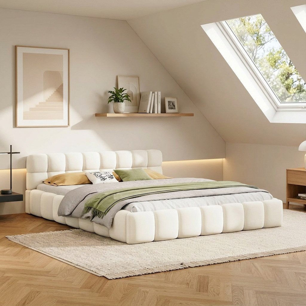 PXloue Polsterbett Doppelbett Jugendbett (ohne Matratze), (Futonbett), Mit Bettrahmen und Lattenrost, Leinen-Stoff, 140x200cm