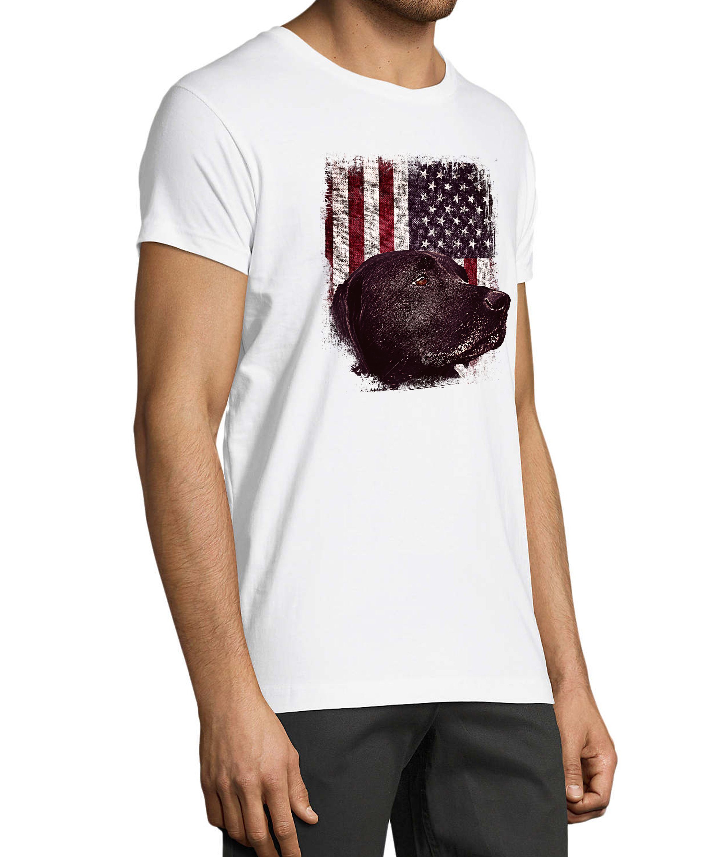 Shirt Schwarzer T-Shirt Aufdruck mit Baumwollshirt USA Regular vor Hunde Herren Fit, Print Flagge weiss MyDesign24 - i246 Labrador