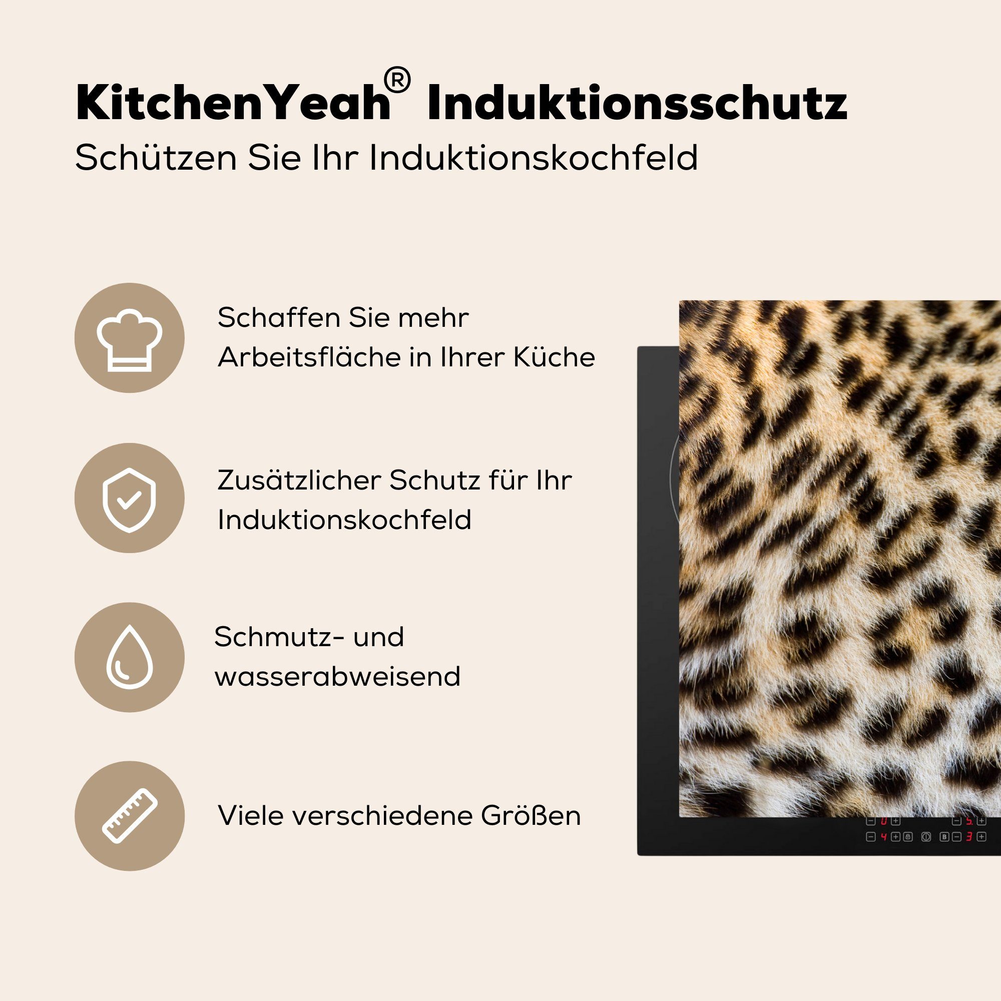 Ceranfeldabdeckung die Induktionskochfeld Herdblende-/Abdeckplatte für 81x52 küche, Vinyl, cm, MuchoWow Leopard, (1 Nahaufnahme Schutz tlg), Mantel