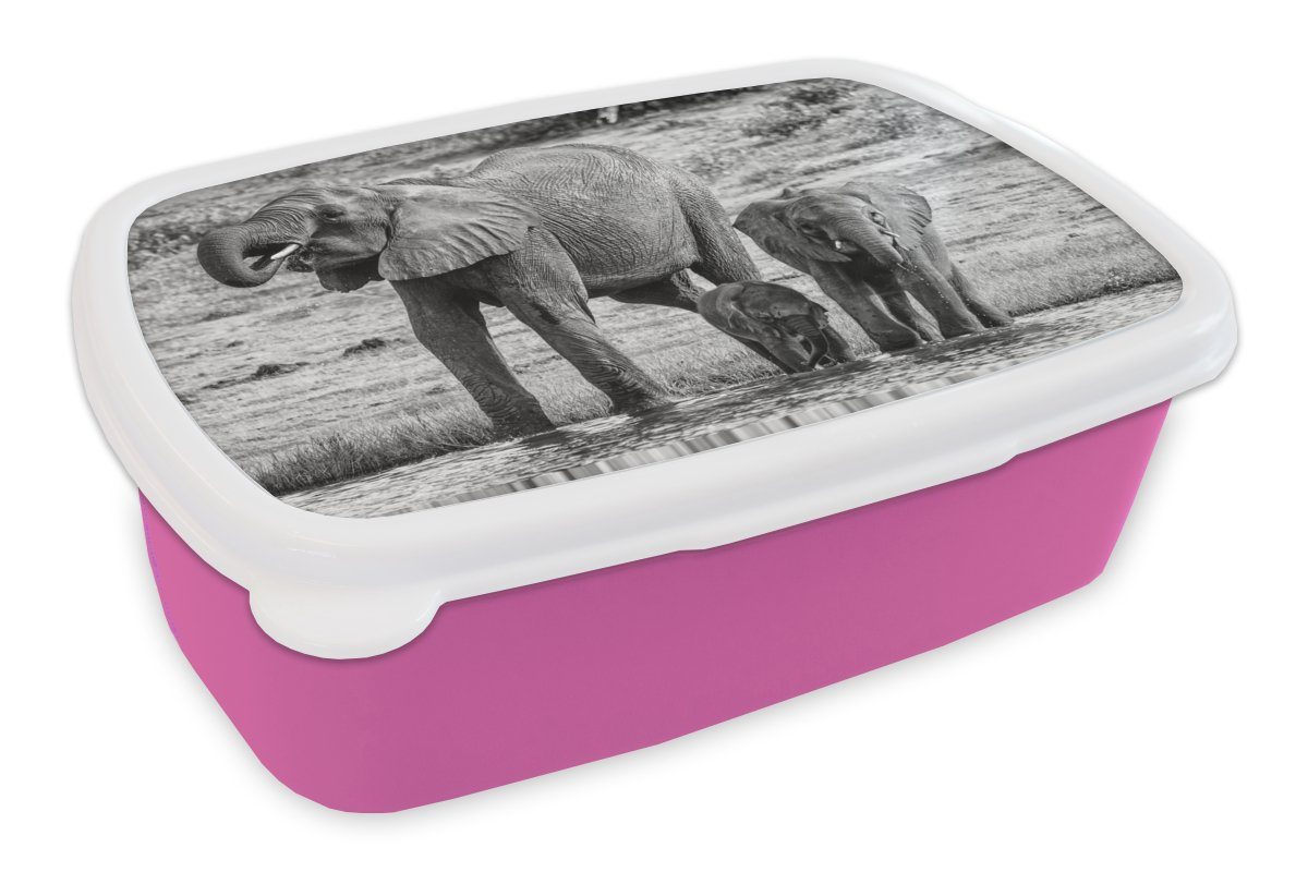 MuchoWow Lunchbox Elefant - Wasser - Tiere - Schwarz - Weiß, Kunststoff, (2-tlg), Brotbox für Erwachsene, Brotdose Kinder, Snackbox, Mädchen, Kunststoff rosa