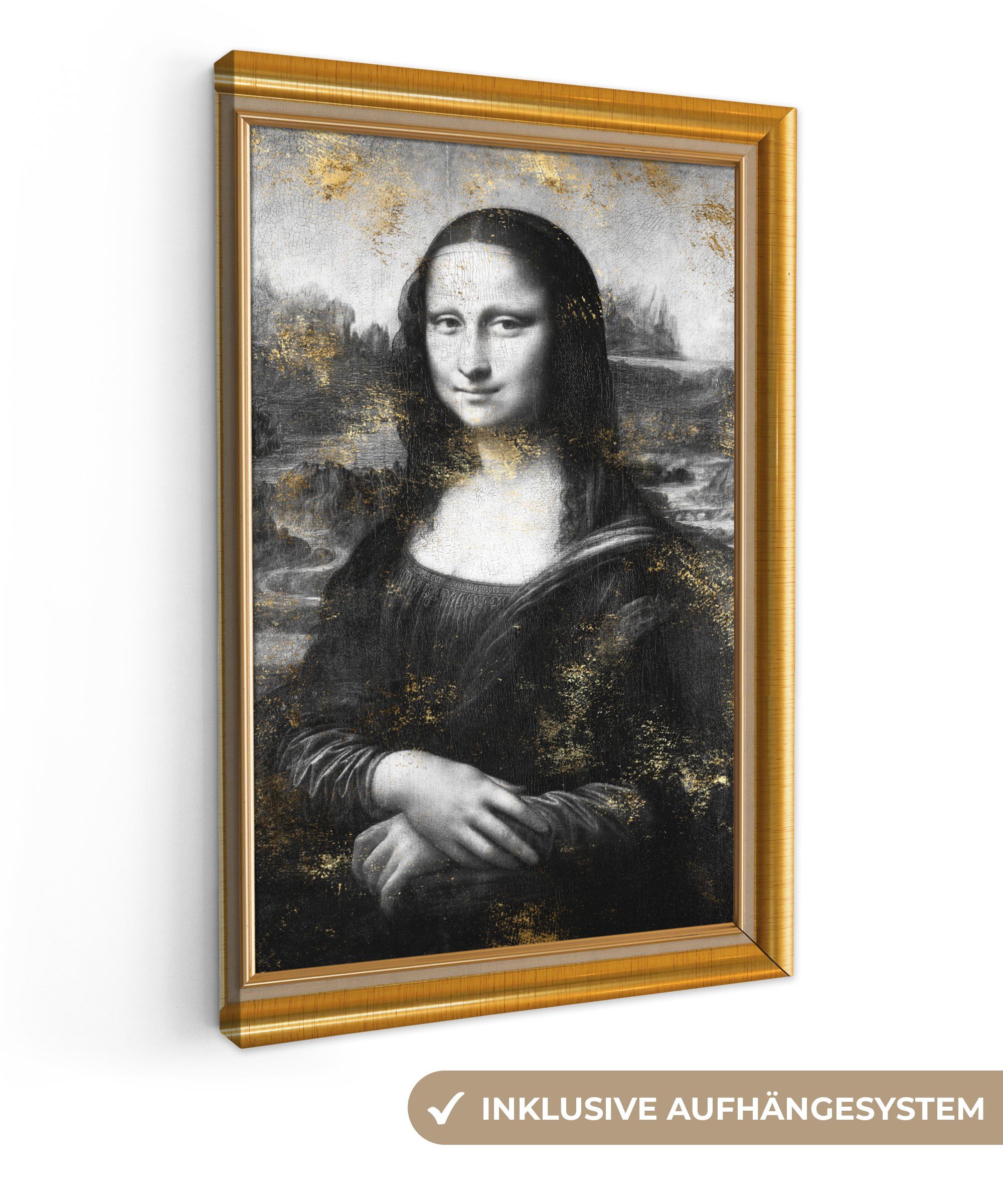 OneMillionCanvasses® Leinwandbild Mona Lisa - Da Vinci - Gold - Rahmen, (1 St), Leinwandbild fertig bespannt inkl. Zackenaufhänger, Gemälde, 20x30 cm