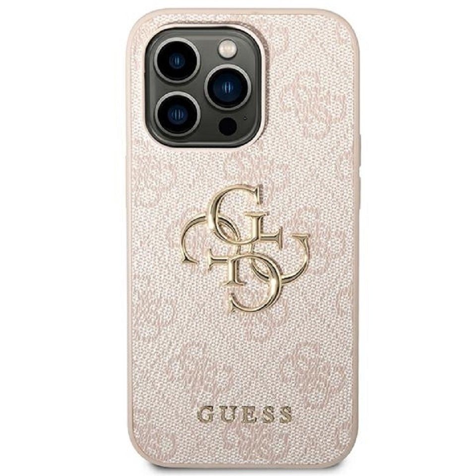 Guess Handyhülle Case iPhone 14 Pro Kunstleder rosa mit goldfarbenem Muster 6,1 Zoll, Kantenschutz