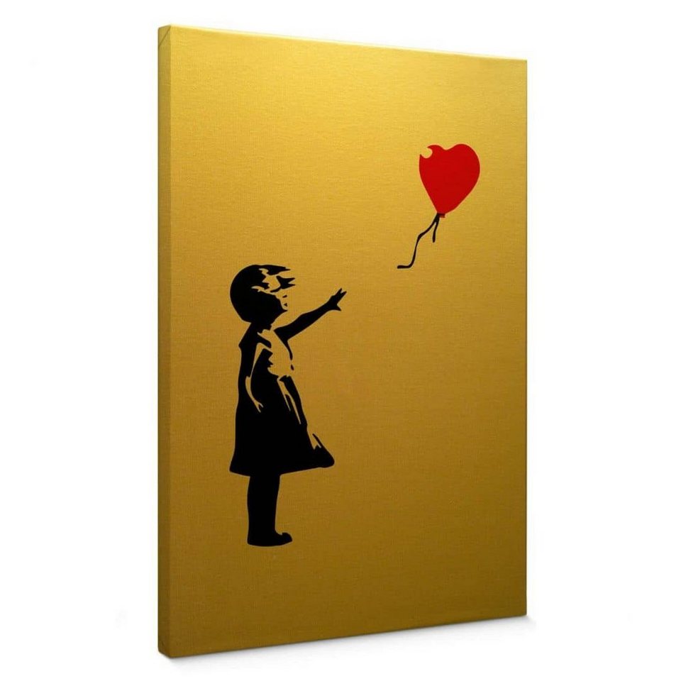 K&L Wall Art Leinwandbild Vintage Gold Leinwandbild Banksy Graffiti Girl  red balloon, handmade Wohnzimmer Wandbild