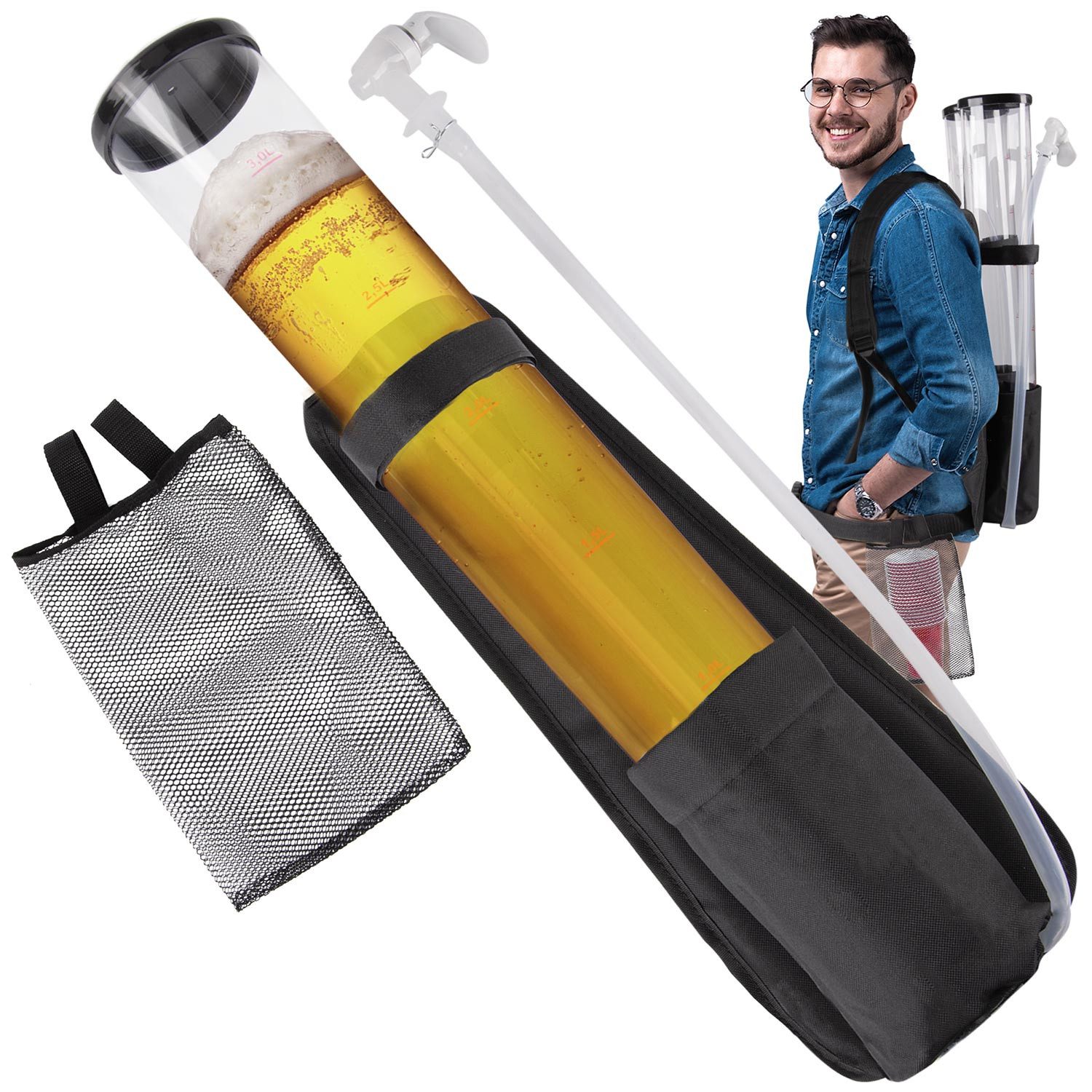 Goods+Gadgets Getränkespender GOODS+GADGETS 3L Bier Spender – Party Getränke Rucksack mit Zapfhahn, Getränkerucksack 1 x 3 Liter