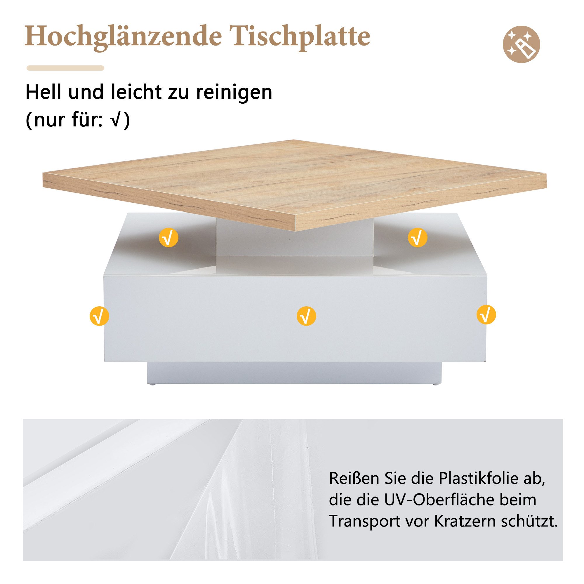 Merax Couchtisch mit versteckten Schubladen und 360° schwenkbarer Arbeitsfläche (Wohnzimmer, Kaffeetisch, 70x70x36cm), hochglänzend Beistelltisch mit geometrisc – Bild 5 von 5