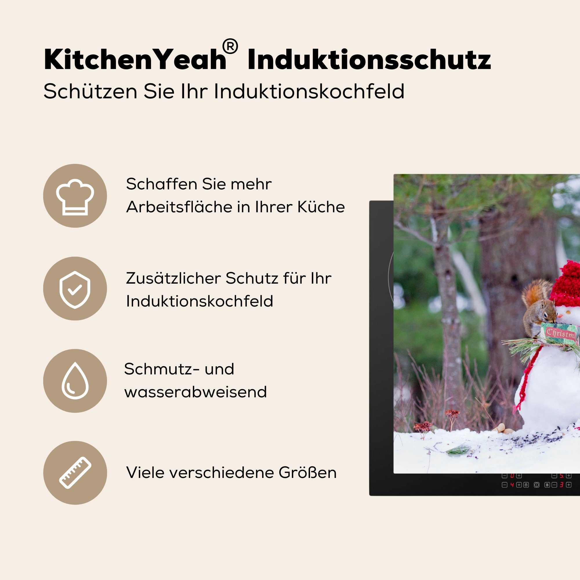 (1 Vinyl, cm, - - küche Winter, 78x78 MuchoWow Eichhörnchen Schneemann Ceranfeldabdeckung, tlg), für Herdblende-/Abdeckplatte Arbeitsplatte
