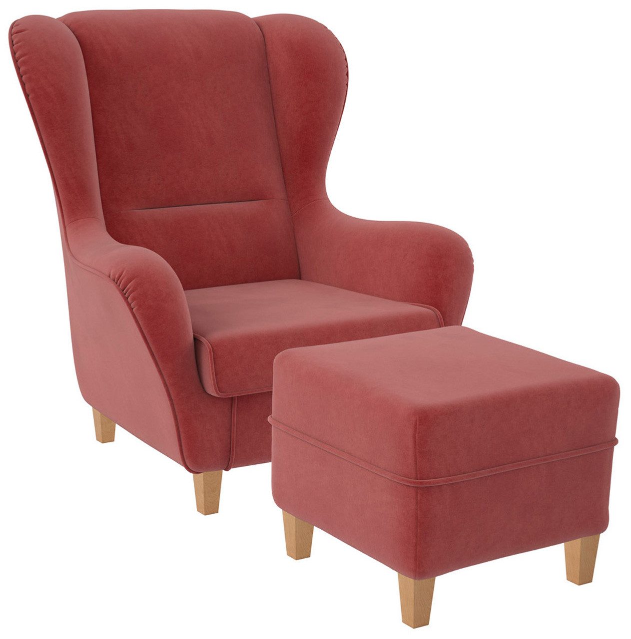 Supellex Ohrensessel Sofia Relaxsessel mit Hocker Design Samt Altrosa