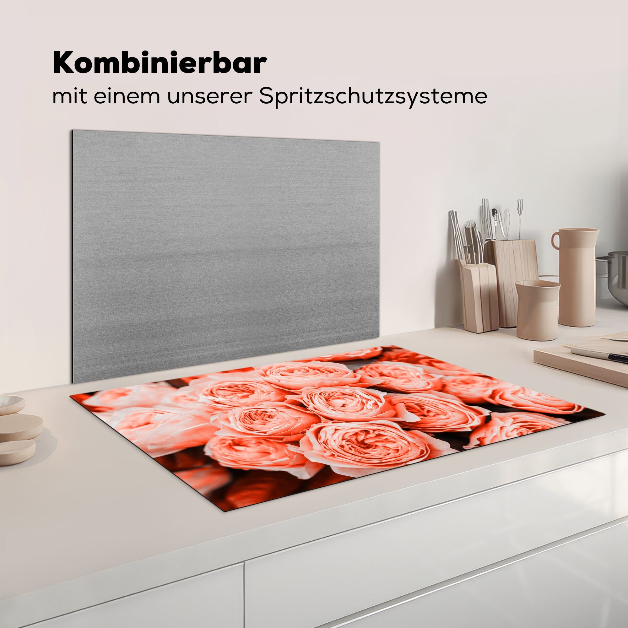 Vinyl, Rosen - (1 MuchoWow 81x52 tlg), die für Ceranfeldabdeckung Blumenstrauß - Induktionskochfeld küche, cm, Rosa, Schutz Herdblende-/Abdeckplatte