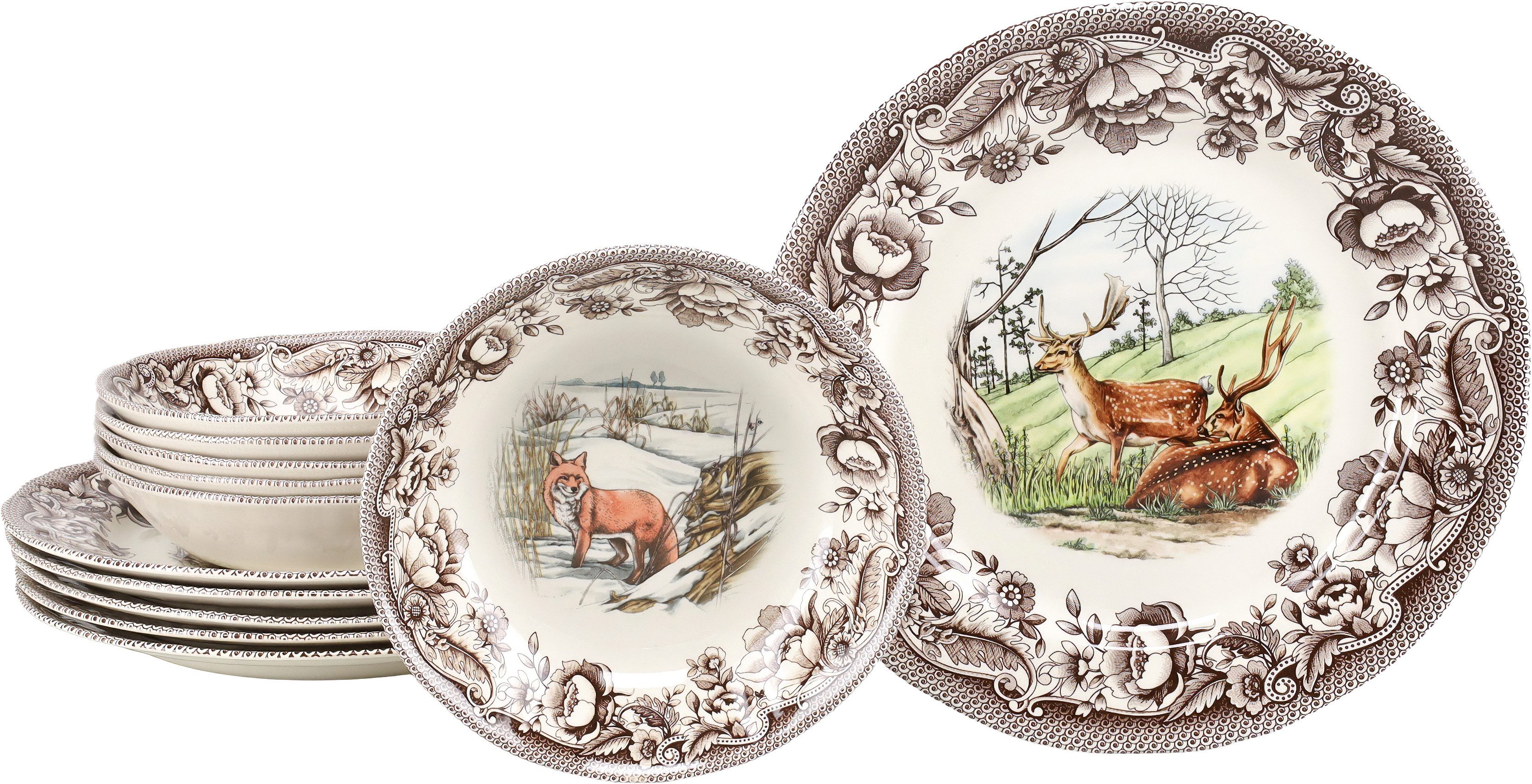 creaTable Tafelservice Haydon Grove Bunt, Service, Teller-Set, 12-tlg. (12-tlg), 6 Personen, Steingut, Landhausstil, Tiermotive
