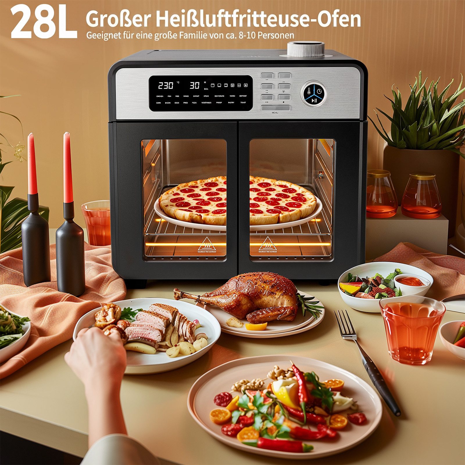 Rebonique Heißluftfritteuse XXL 28L mit Doppeltür & Sichtfenster, 1700 W, 18 Programme, Ohne Öl Gesundes Kochen, Pizza, Grill & Backofen – Bild 2 von 5