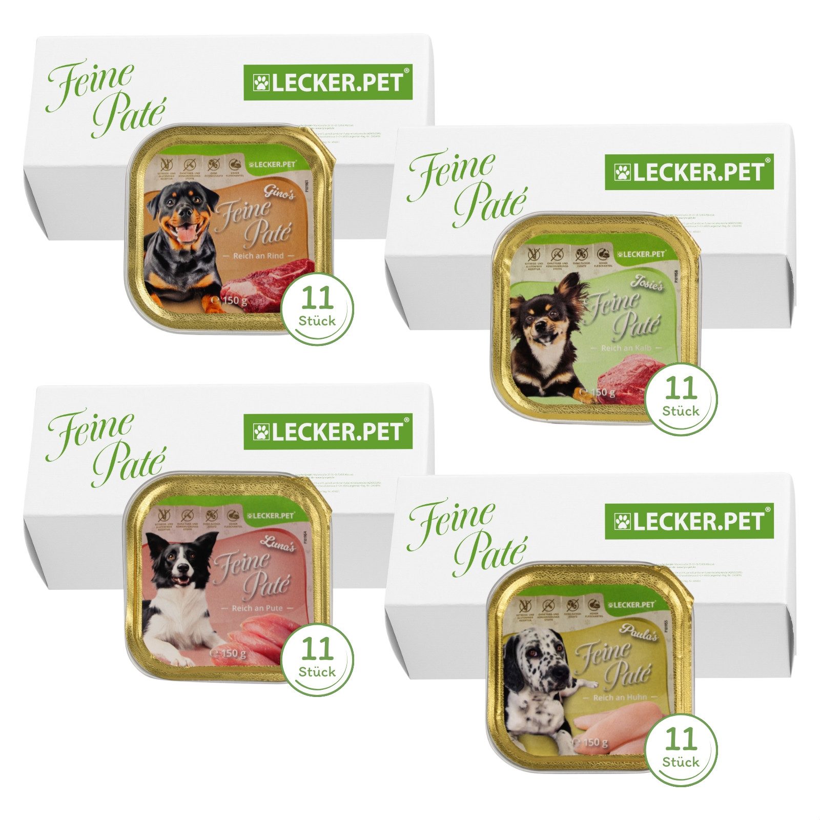 Lecker.Pet 44 x 150 g Lecker.Pet® Gino's, Josie's, Luna's & Paula's Feine Paté Huhn, Nassfutter für: Hund