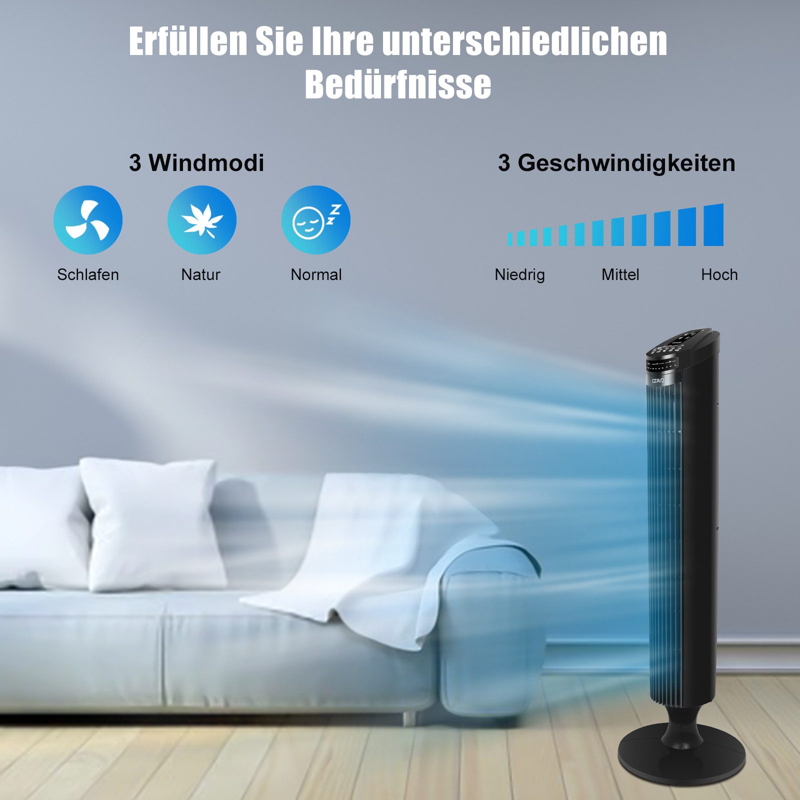 OZAVO Turmventilator 3 Belüftungsmodi, 97,5cm Standventilator günstig online kaufen