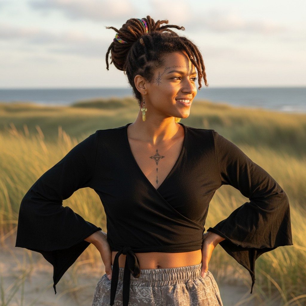Guru-Shop T-Shirt Elfen Top, Top Goa-chic, Wickeltop - schwarz Ethno Style, günstig online kaufen