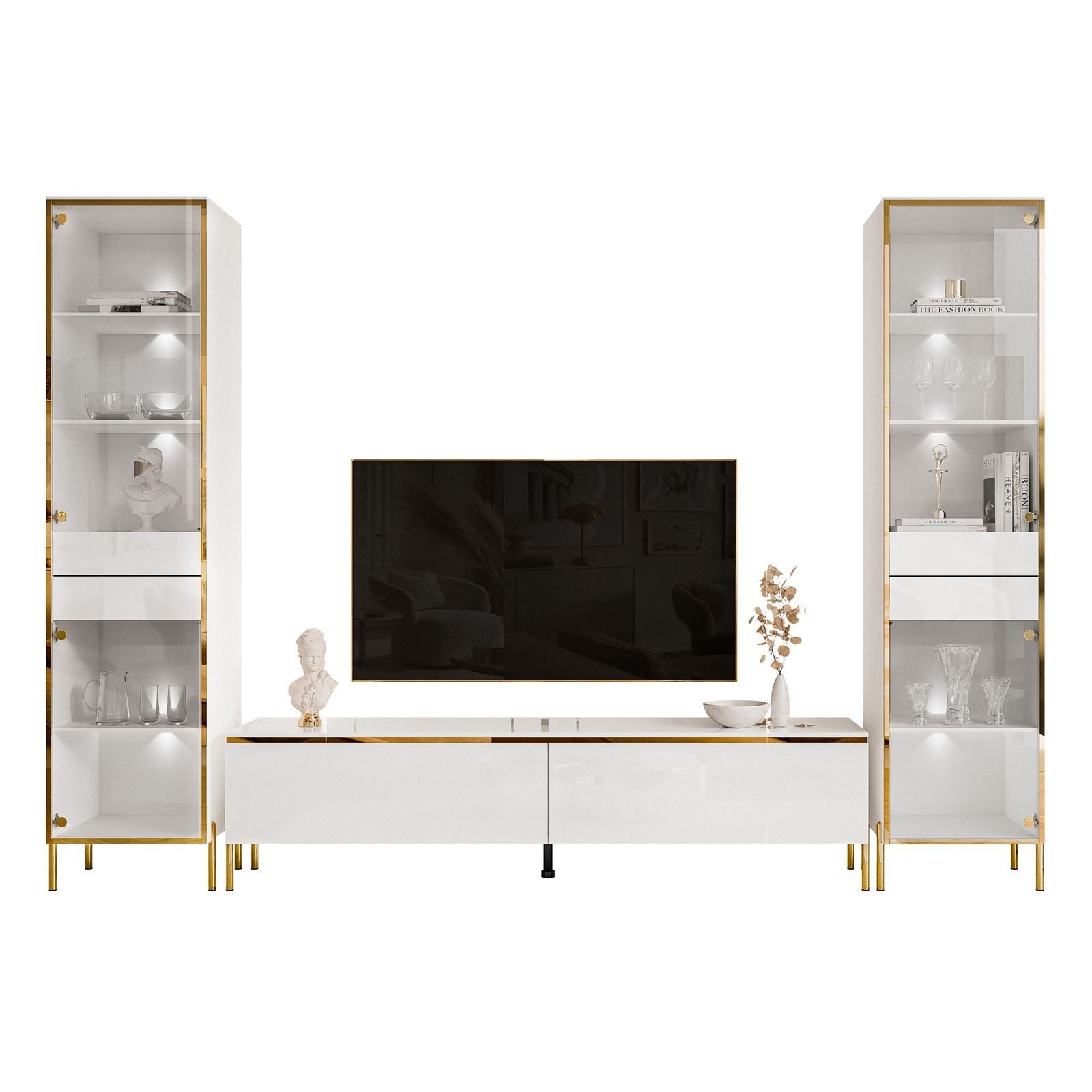 ALLHOUSE24 Wohnzimmer-Set Möbelset PEONY GOLD mit LED weiß Hochglanz Glasvi günstig online kaufen